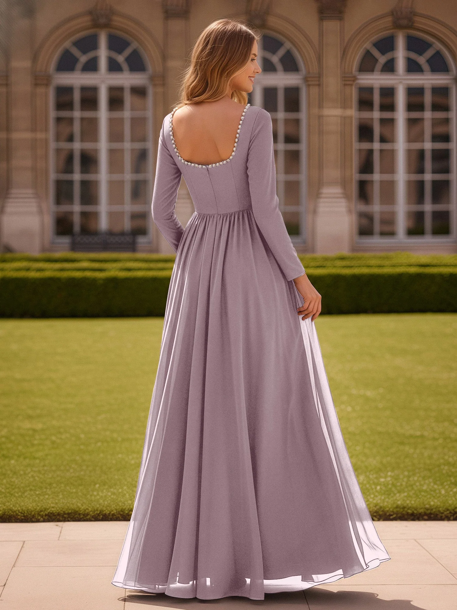 Perlen Quadrat Ausschnitt Langarm Kleid mit Schlitz Dämmerung - Image 2
