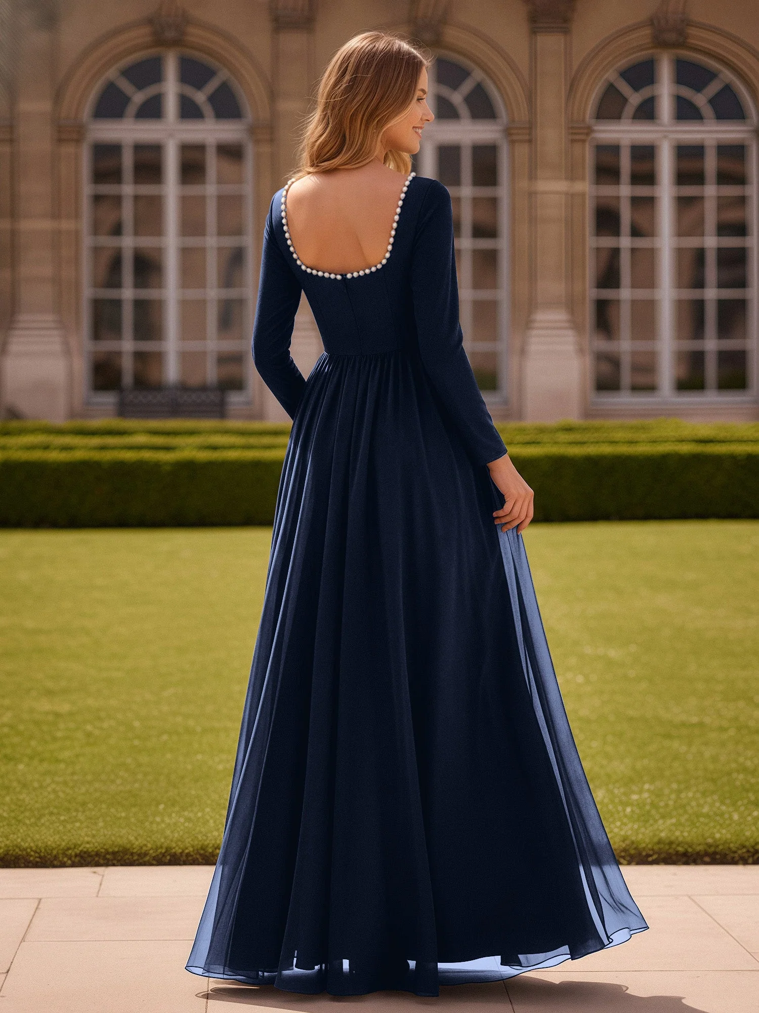 Perlen Quadrat Ausschnitt Langarm Kleid mit Schlitz Dunkelmarine - Image 2