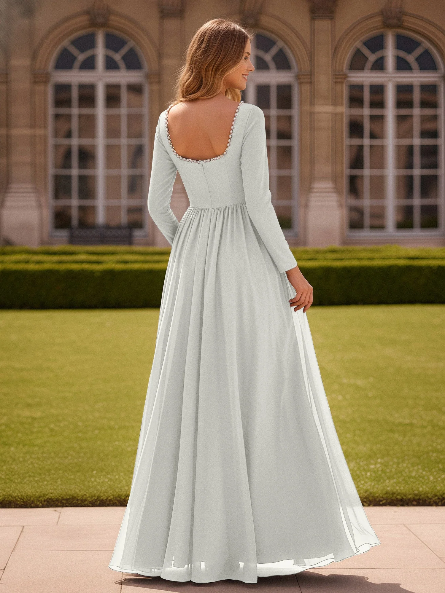 Perlen Quadrat Ausschnitt Langarm Kleid mit Schlitz Elfenbein - Image 2