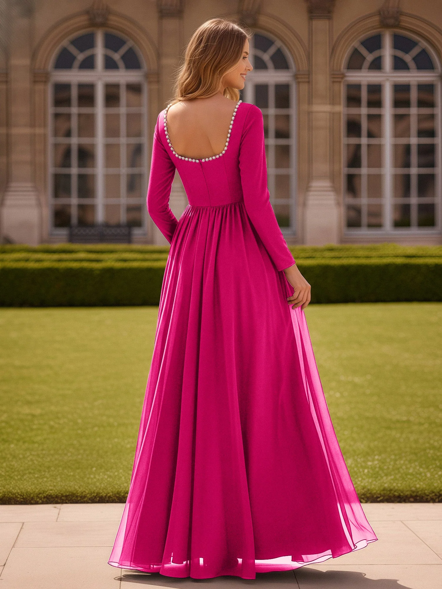 Perlen Quadrat Ausschnitt Langarm Kleid mit Schlitz Fuchsia - Image 2
