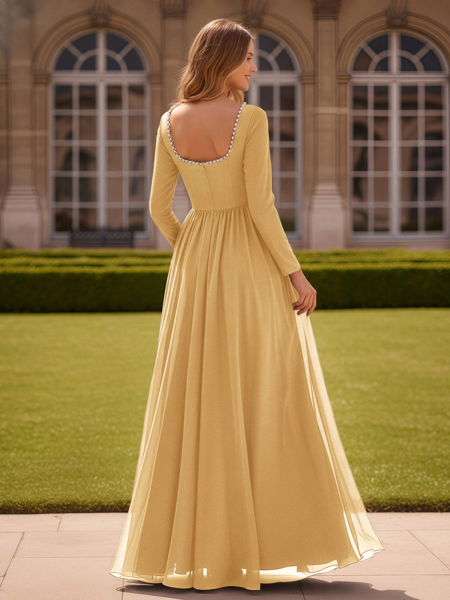 Perlen Quadrat Ausschnitt Langarm Kleid mit Schlitz Gold - Image 2