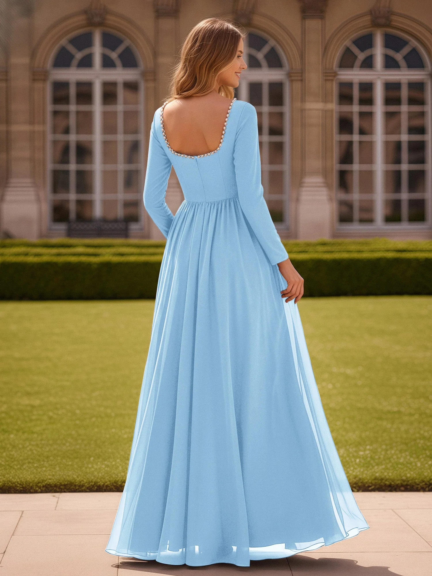 Perlen Quadrat Ausschnitt Langarm Kleid mit Schlitz Himmelblau - Image 2
