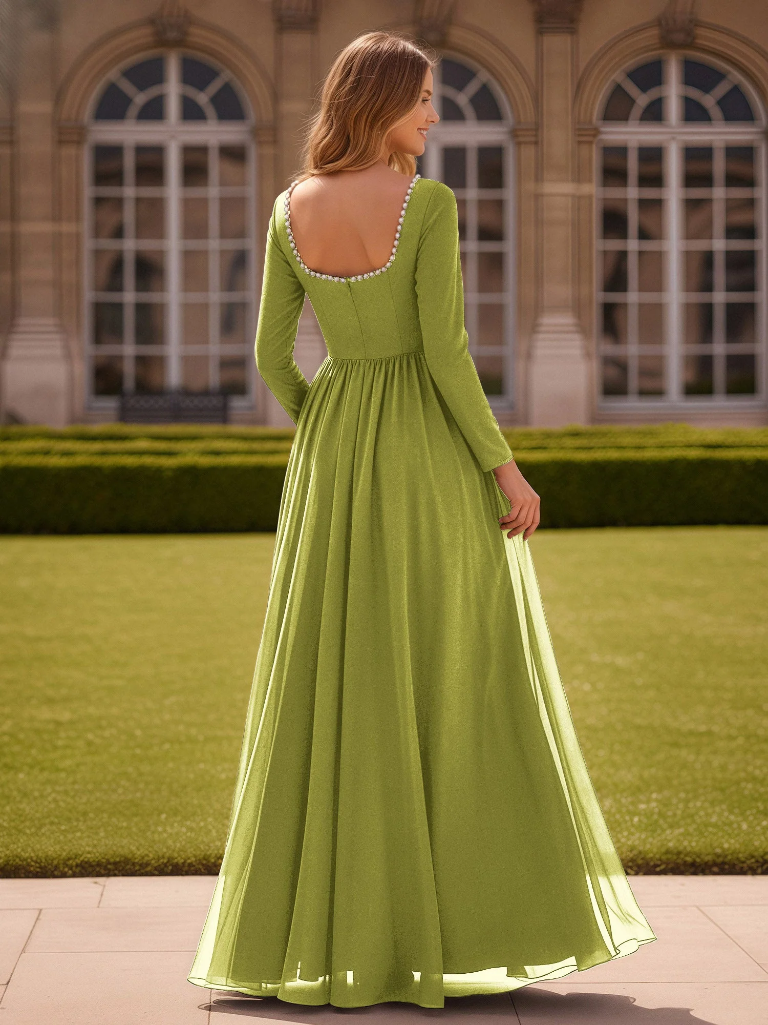 Perlen Quadrat Ausschnitt Langarm Kleid mit Schlitz Kleegrün - Image 2