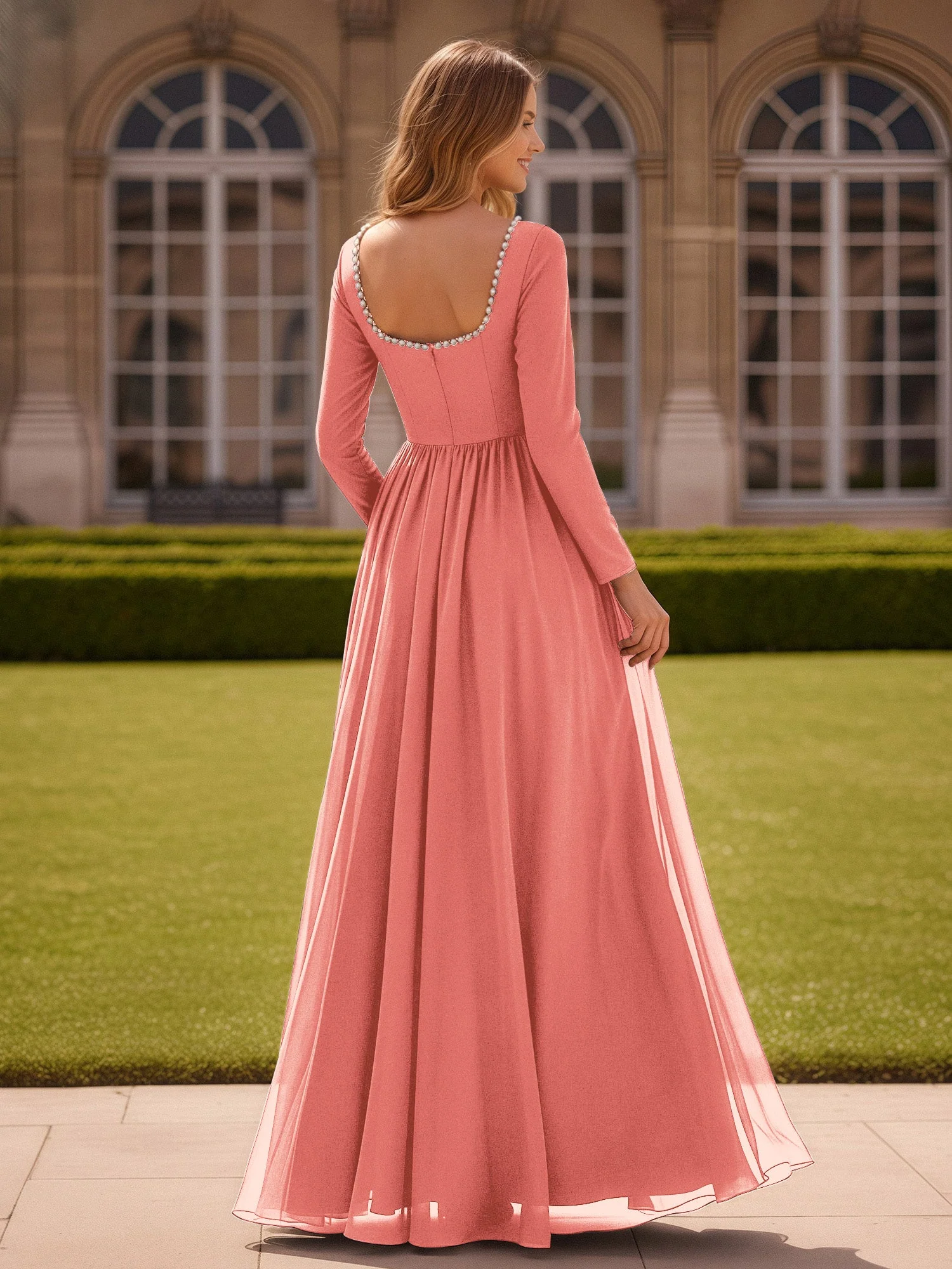 Perlen Quadrat Ausschnitt Langarm Kleid mit Schlitz Koralle - Image 2