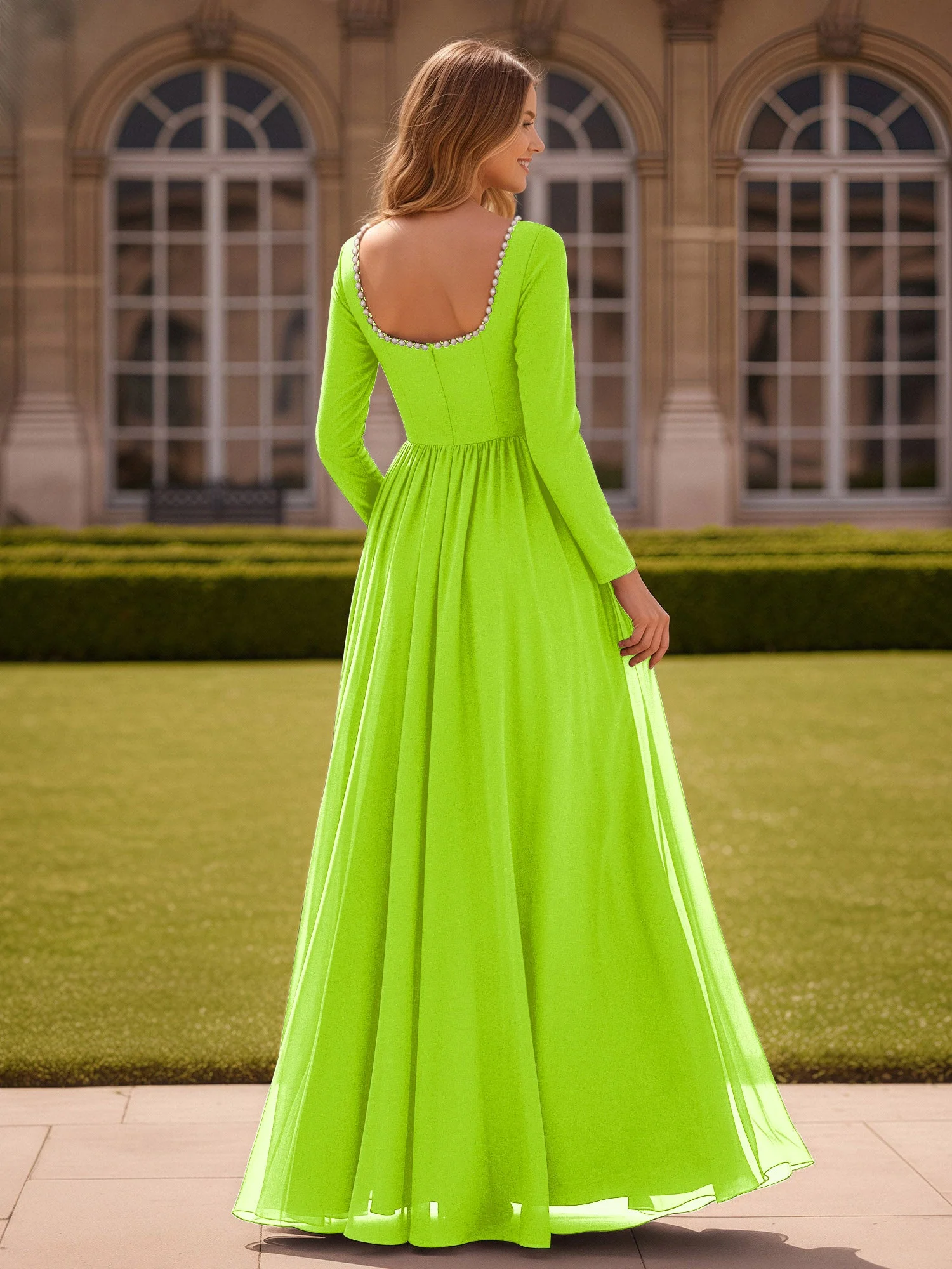 Perlen Quadrat Ausschnitt Langarm Kleid mit Schlitz Lindgrün - Image 2