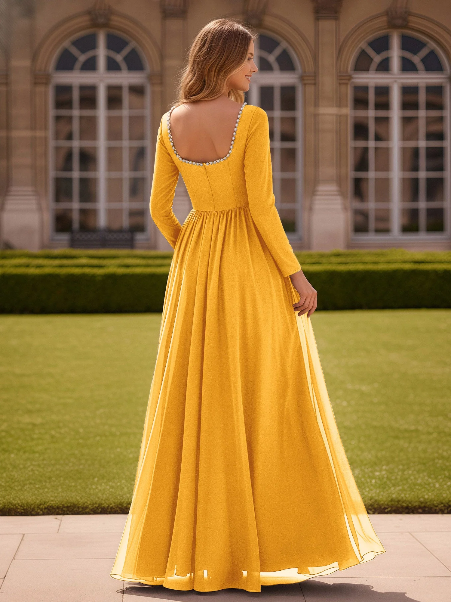 Perlen Quadrat Ausschnitt Langarm Kleid mit Schlitz Mandarine - Image 2