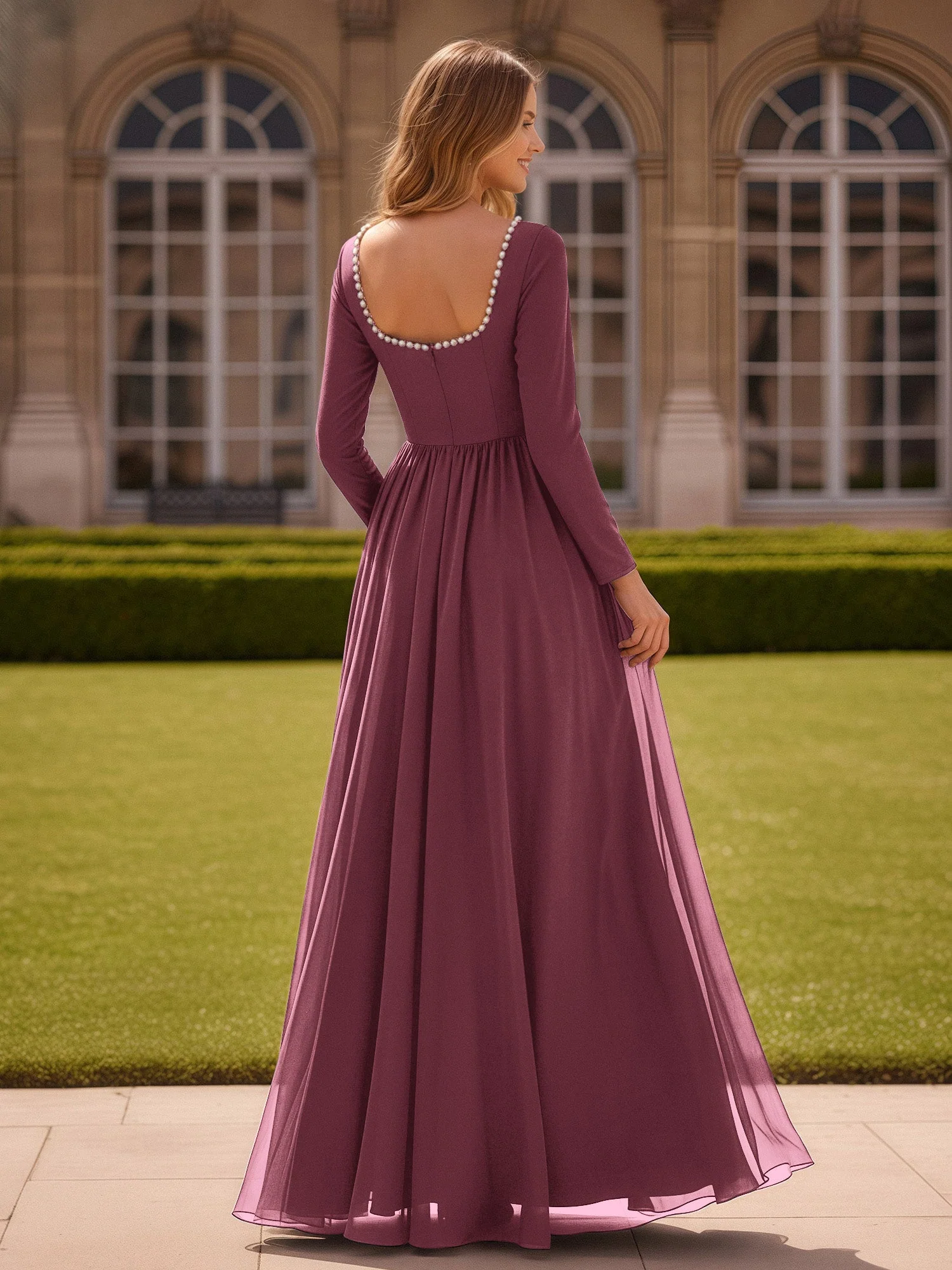 Perlen Quadrat Ausschnitt Langarm Kleid mit Schlitz Maulbeere - Image 2