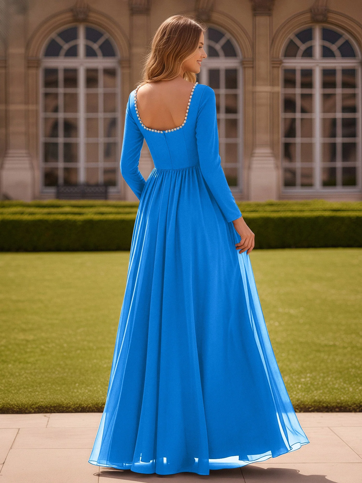 Perlen Quadrat Ausschnitt Langarm Kleid mit Schlitz Meerblau - Image 2