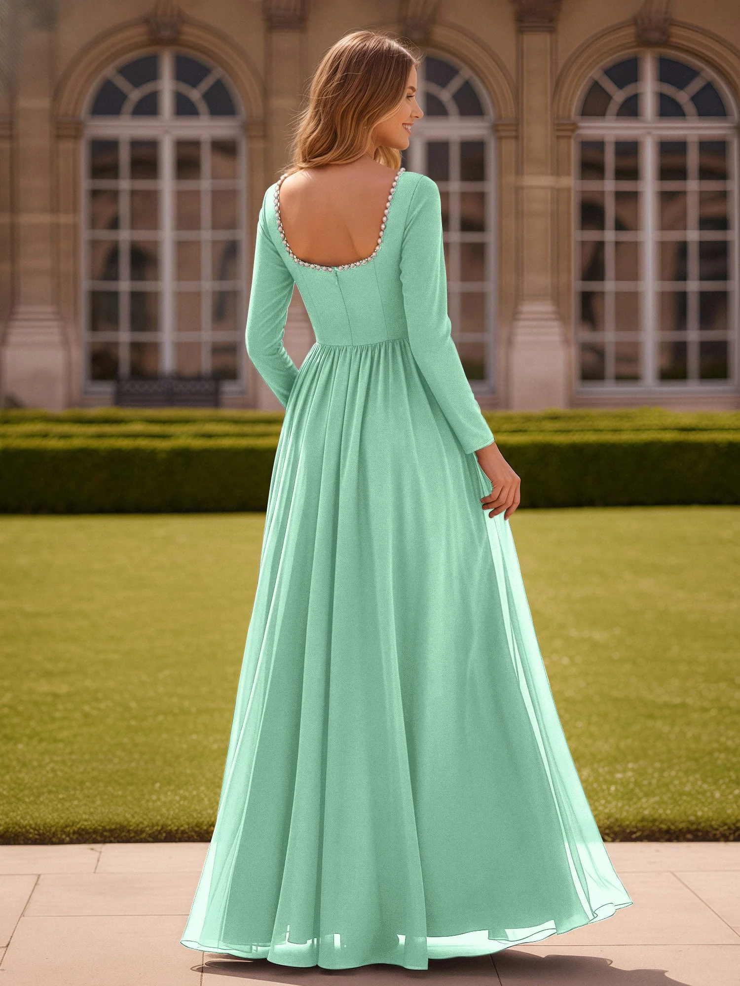 Perlen Quadrat Ausschnitt Langarm Kleid mit Schlitz Minzgrün - Image 2
