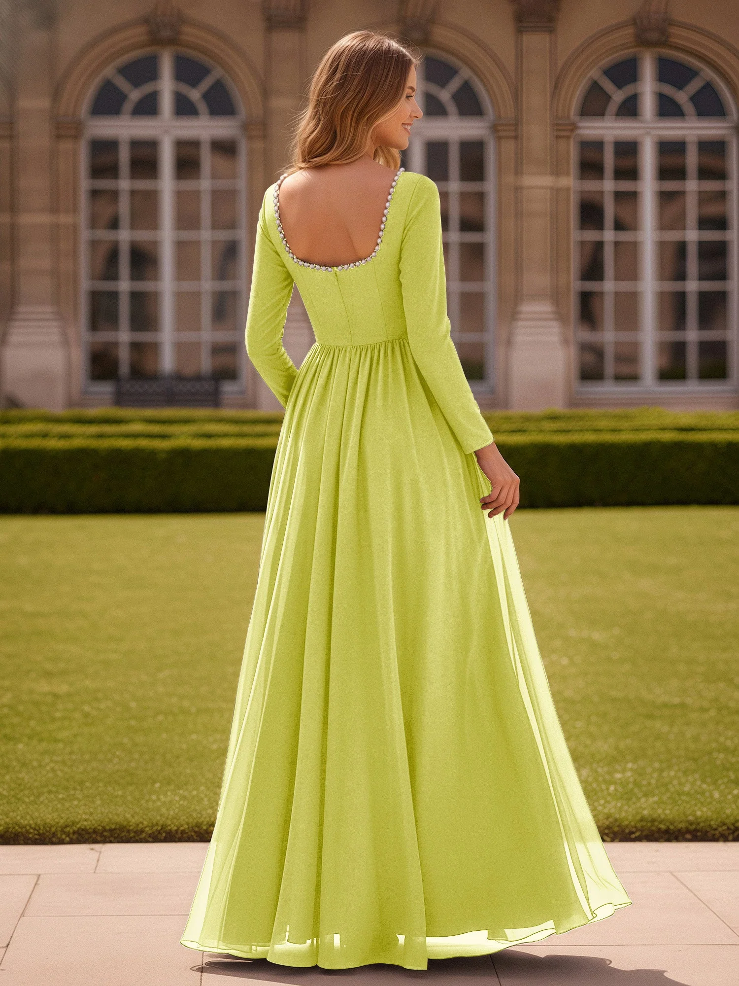 Perlen Quadrat Ausschnitt Langarm Kleid mit Schlitz Narzisse - Image 2