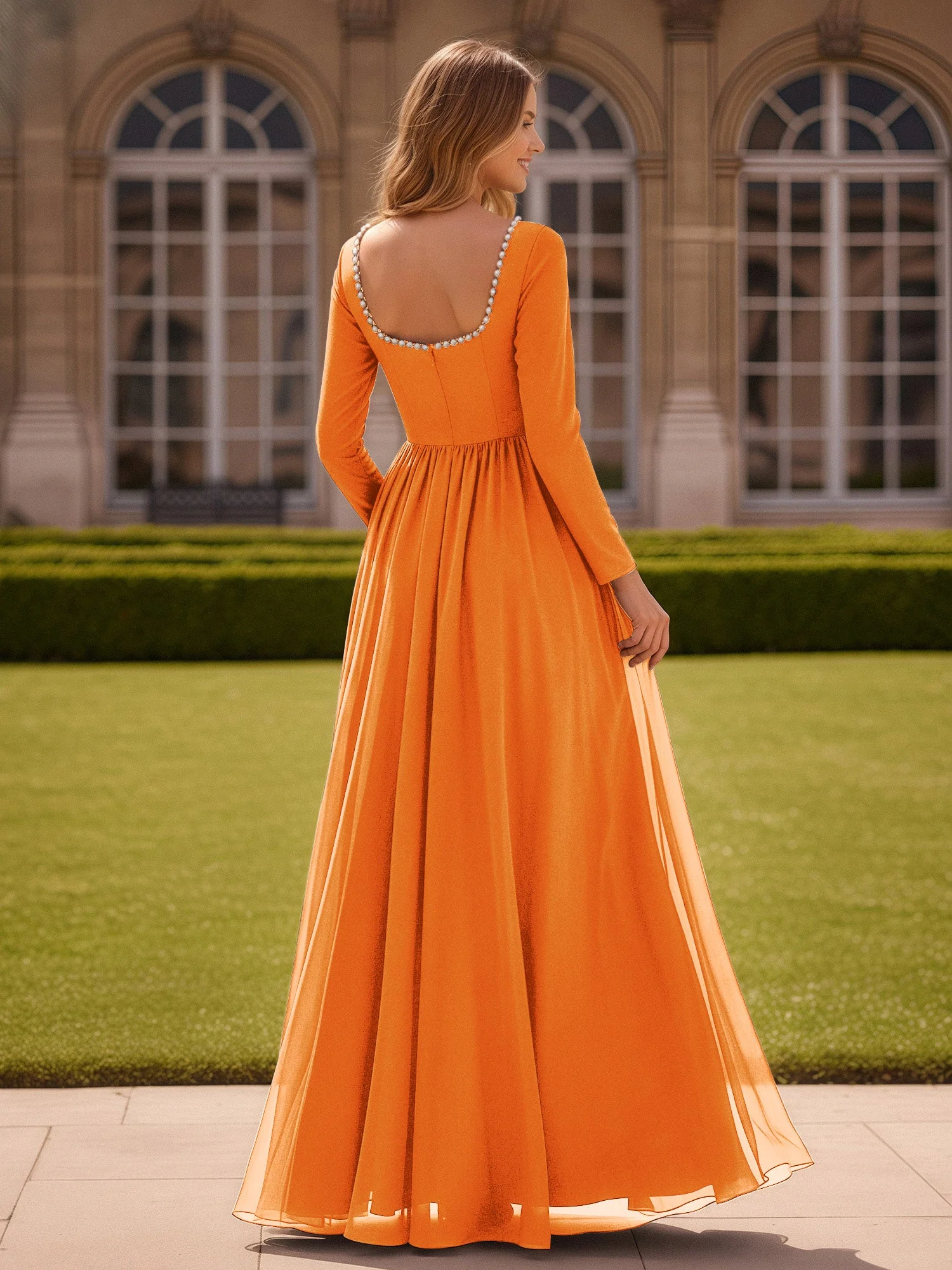 Perlen Quadrat Ausschnitt Langarm Kleid mit Schlitz Orange - Image 2