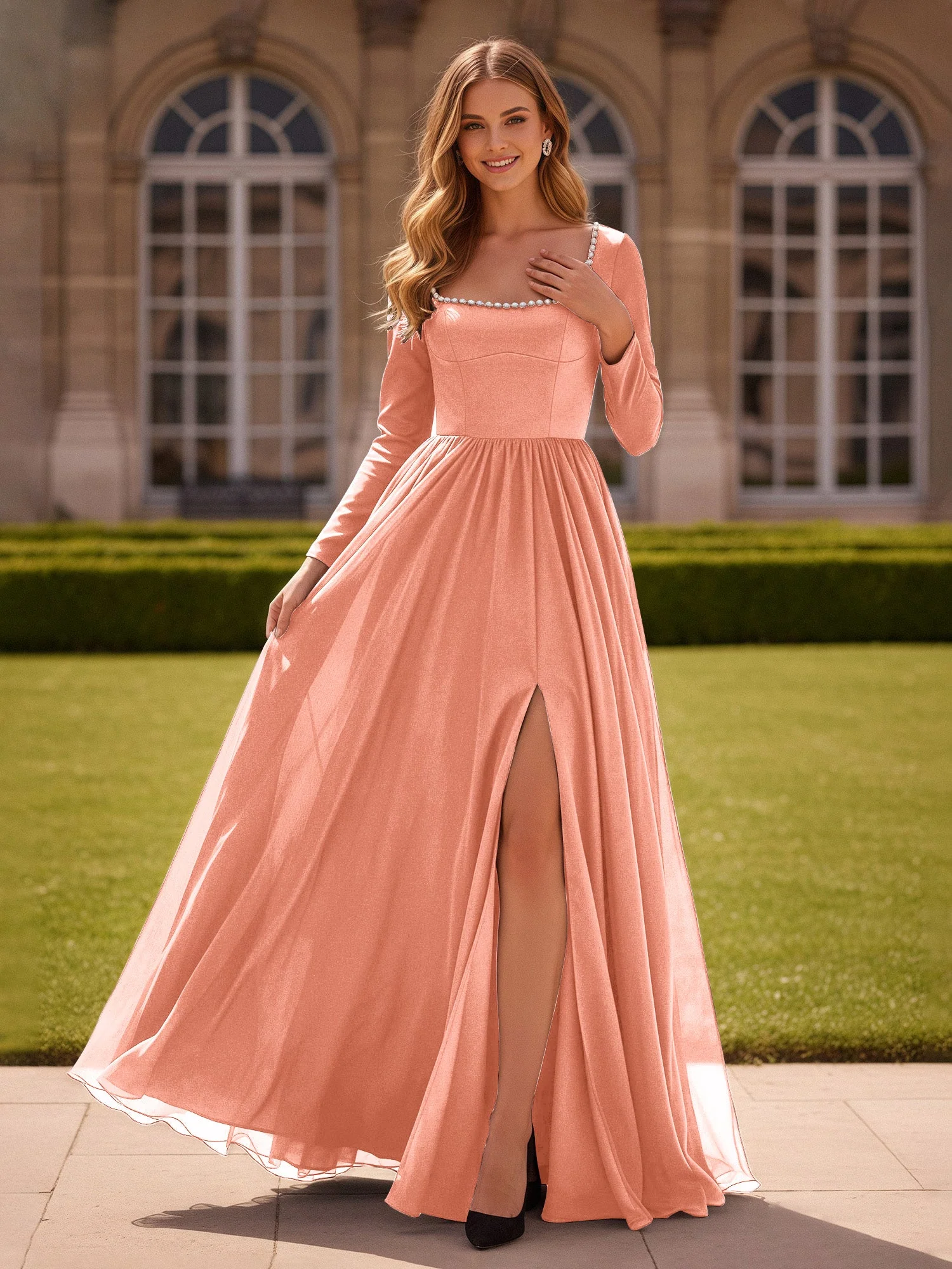 Perlen Quadrat Ausschnitt Langarm Kleid mit Schlitz Papaya