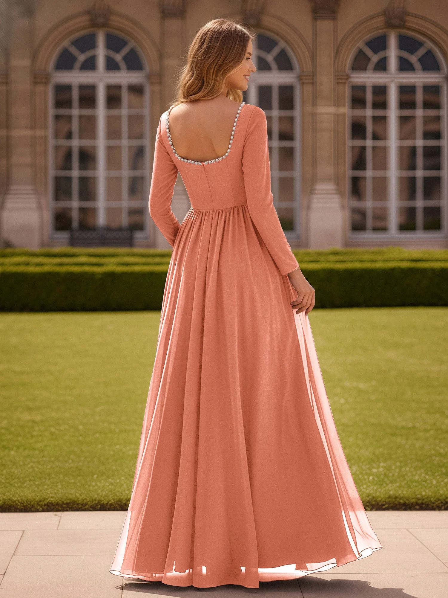 Perlen Quadrat Ausschnitt Langarm Kleid mit Schlitz Papaya - Image 2