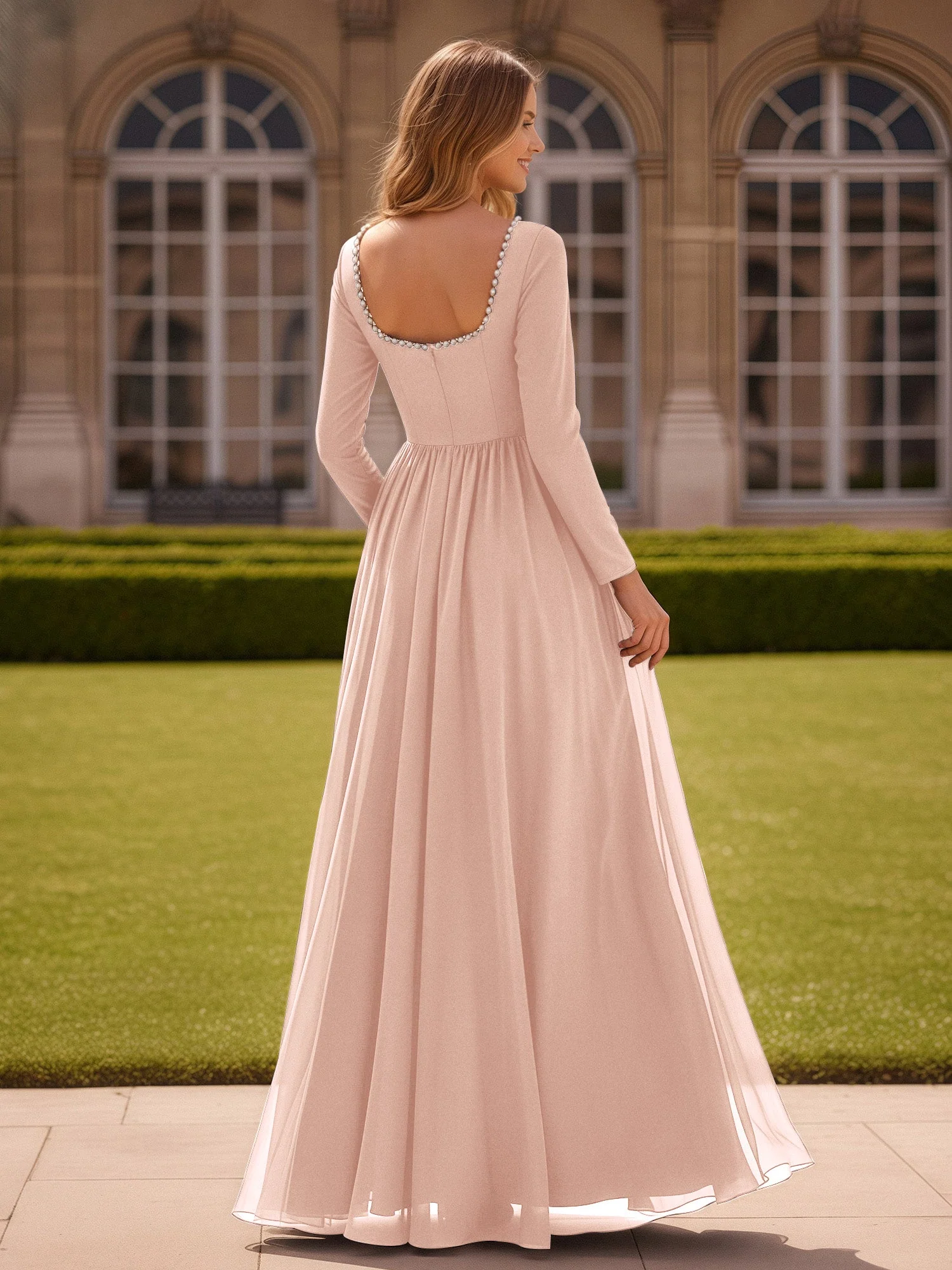 Perlen Quadrat Ausschnitt Langarm Kleid mit Schlitz Perlrosa - Image 2