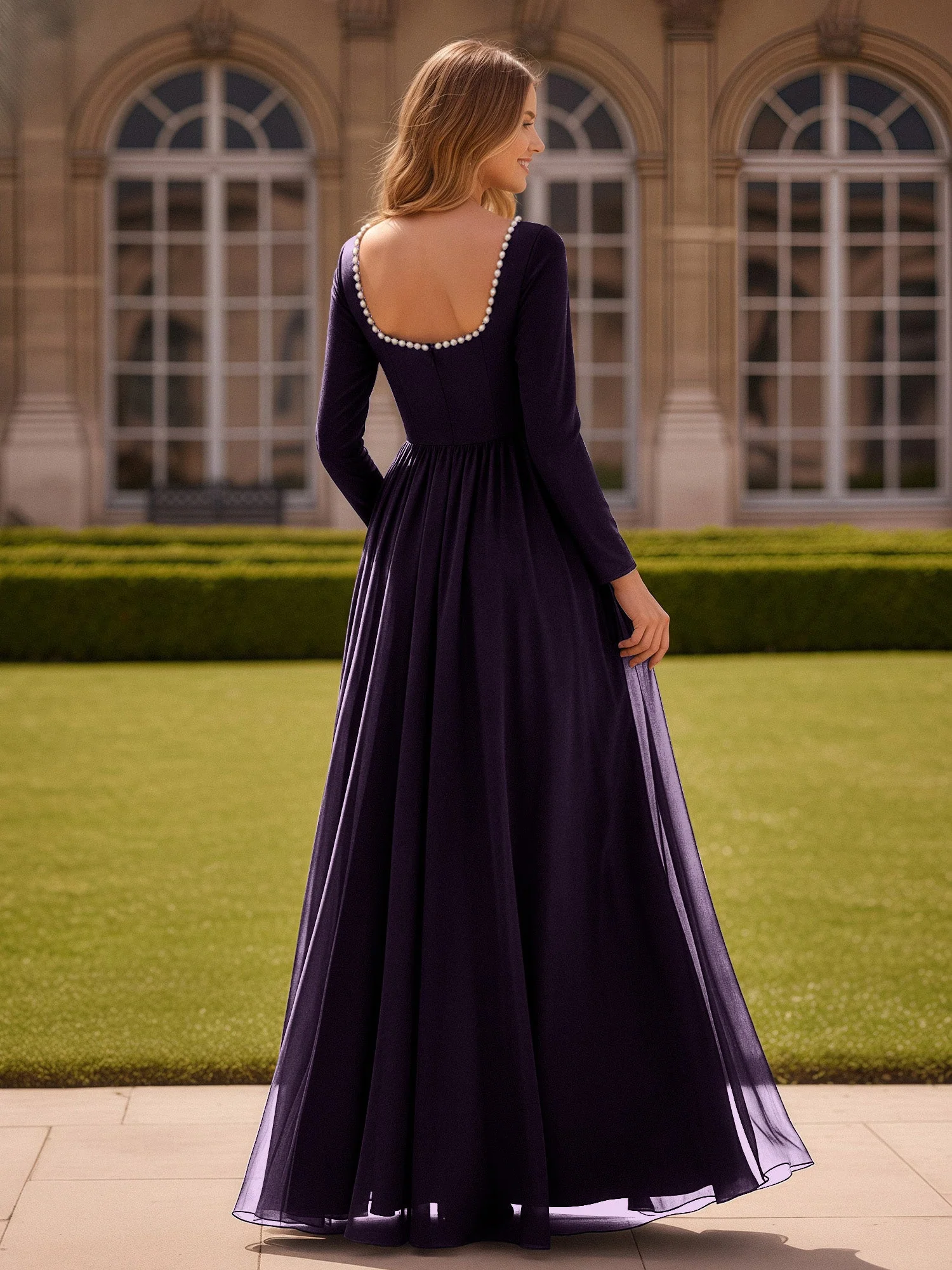 Perlen Quadrat Ausschnitt Langarm Kleid mit Schlitz Plum - Image 2