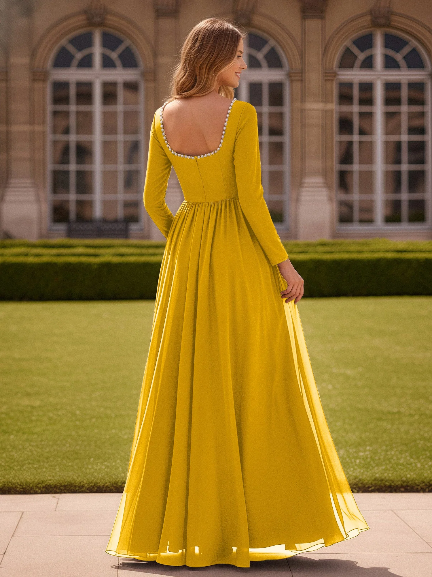 Perlen Quadrat Ausschnitt Langarm Kleid mit Schlitz Ringelblume - Image 2