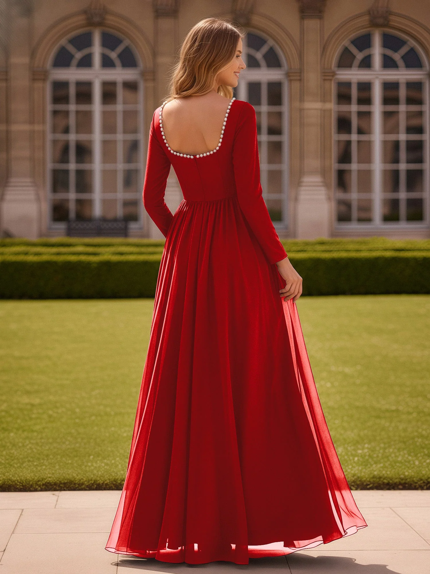Perlen Quadrat Ausschnitt Langarm Kleid mit Schlitz Rot - Image 2