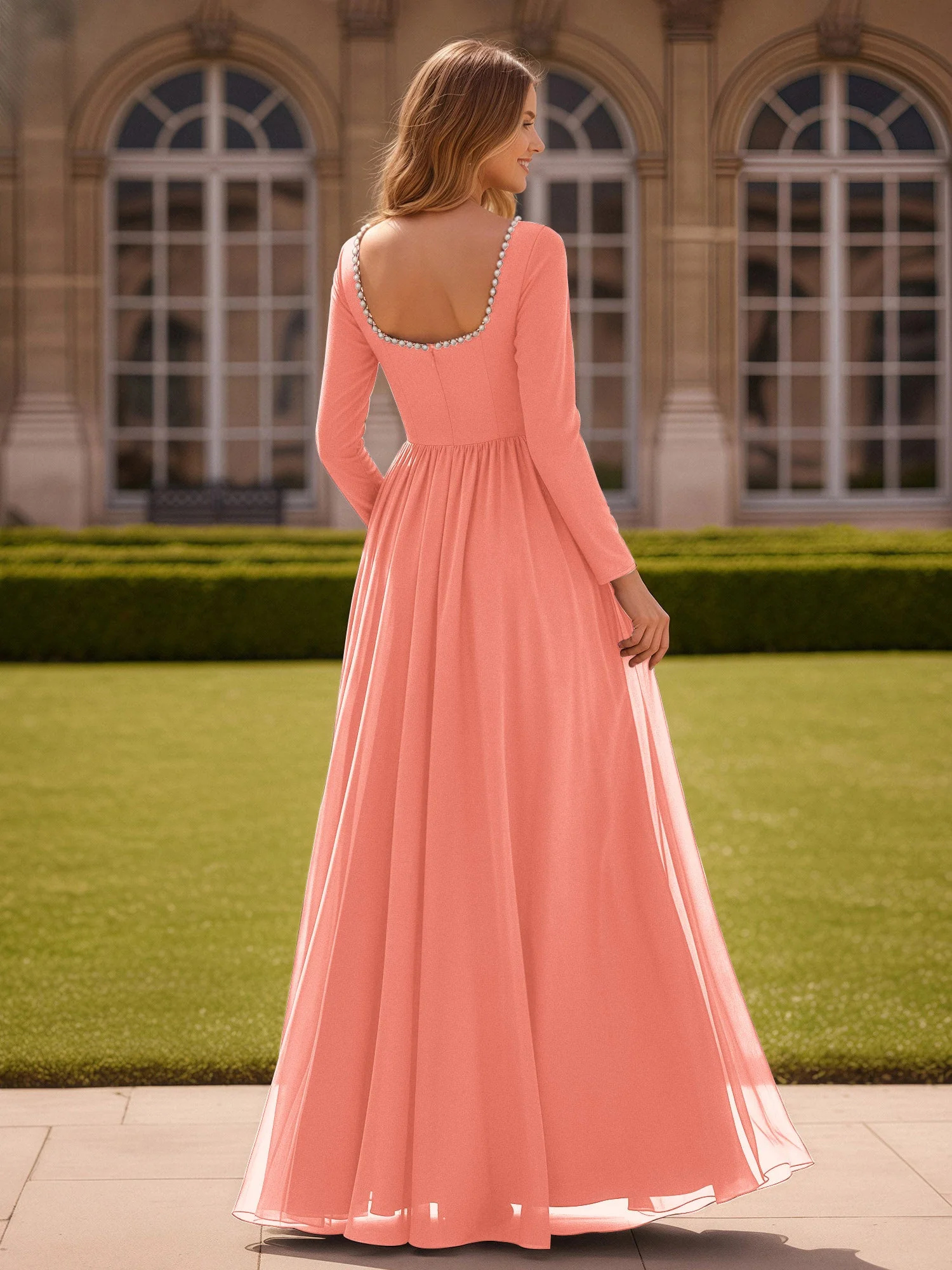 Perlen Quadrat Ausschnitt Langarm Kleid mit Schlitz Sonnenuntergang - Image 2