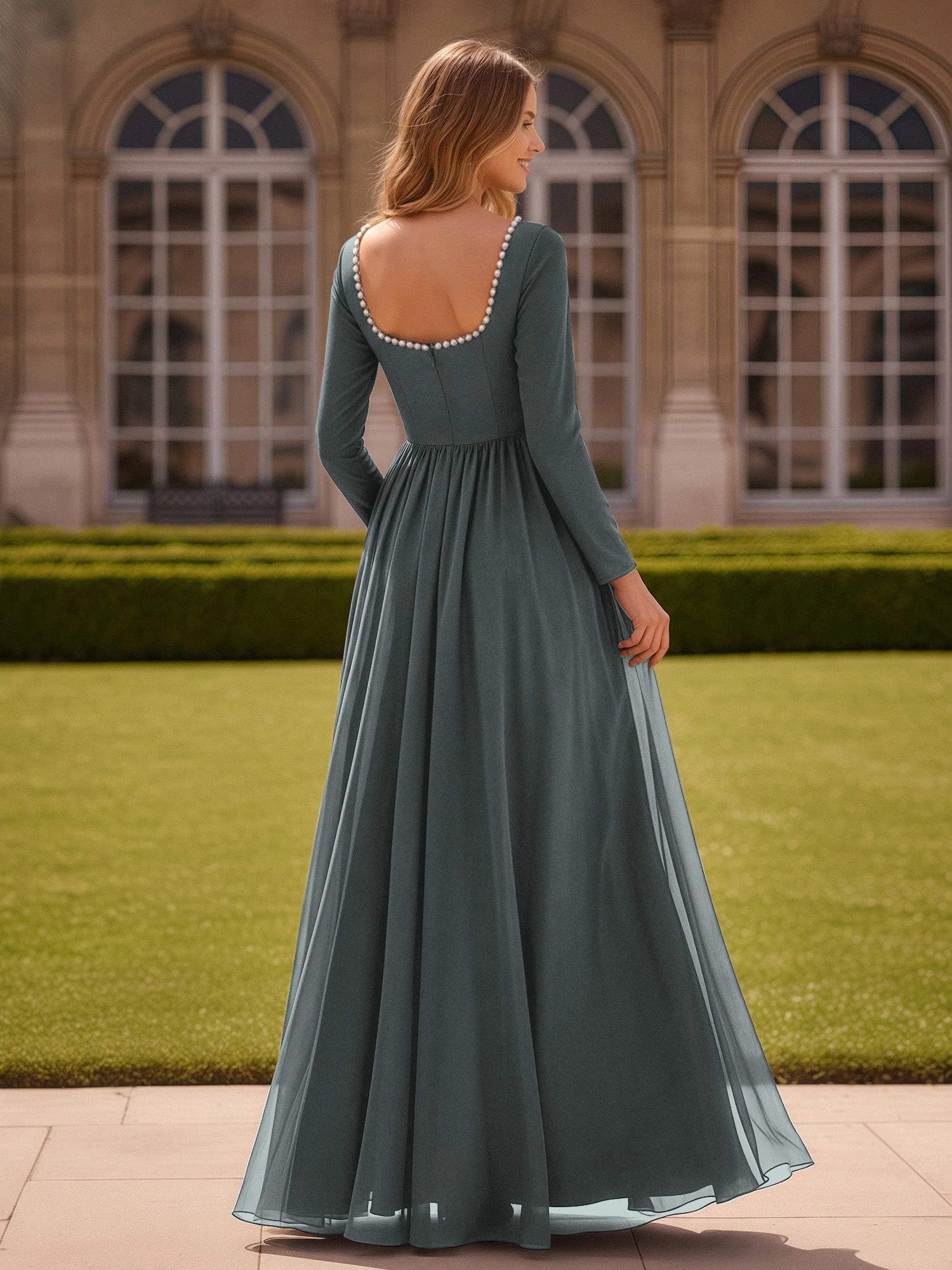Perlen Quadrat Ausschnitt Langarm Kleid mit Schlitz Stahlgrau - Image 2