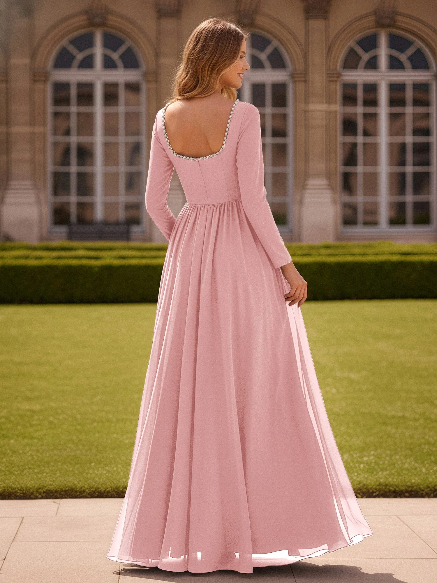 Perlen Quadrat Ausschnitt Langarm Kleid mit Schlitz Staubige Rosa - Image 2