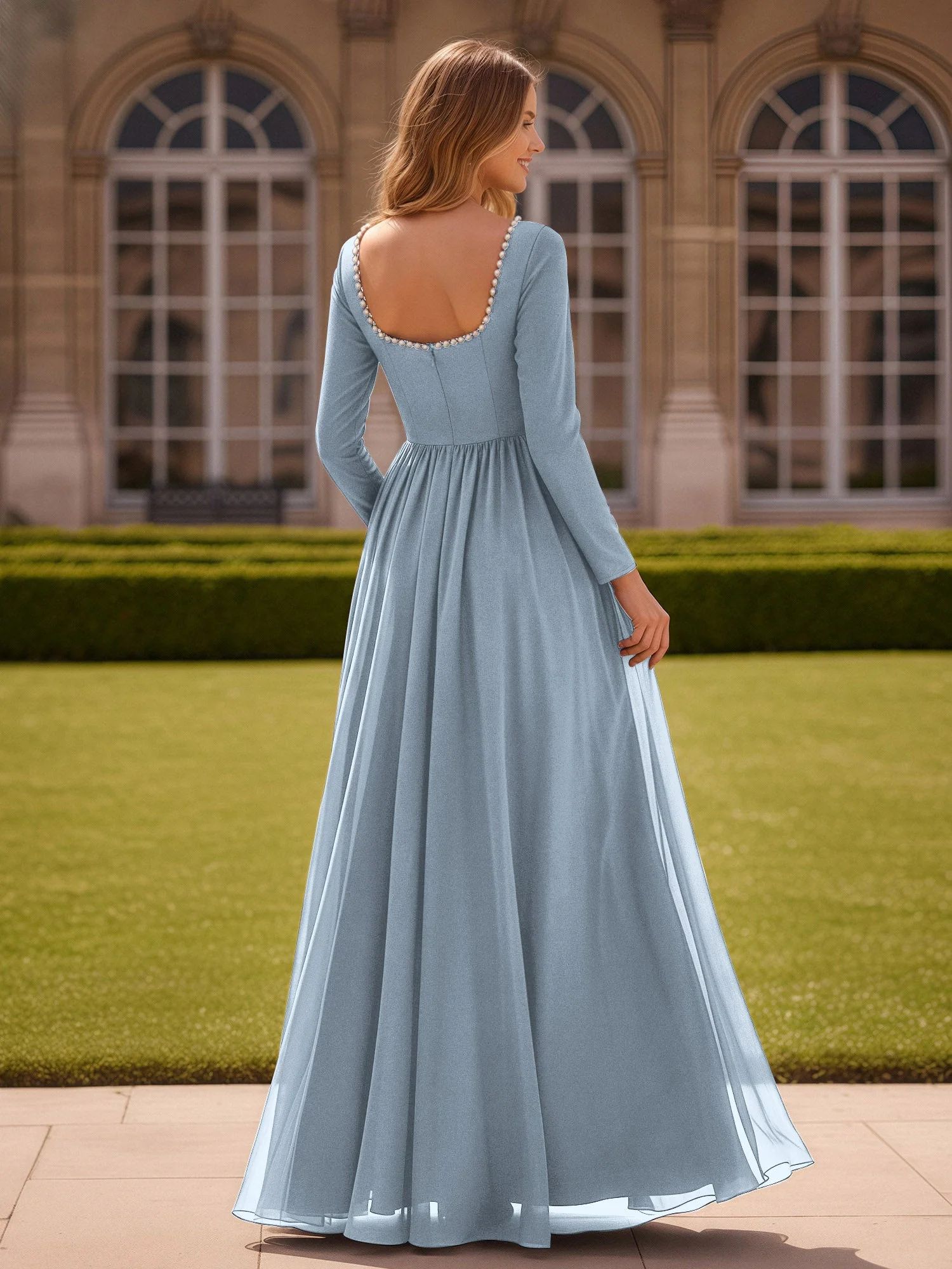 Perlen Quadrat Ausschnitt Langarm Kleid mit Schlitz Staubiges Blau - Image 2