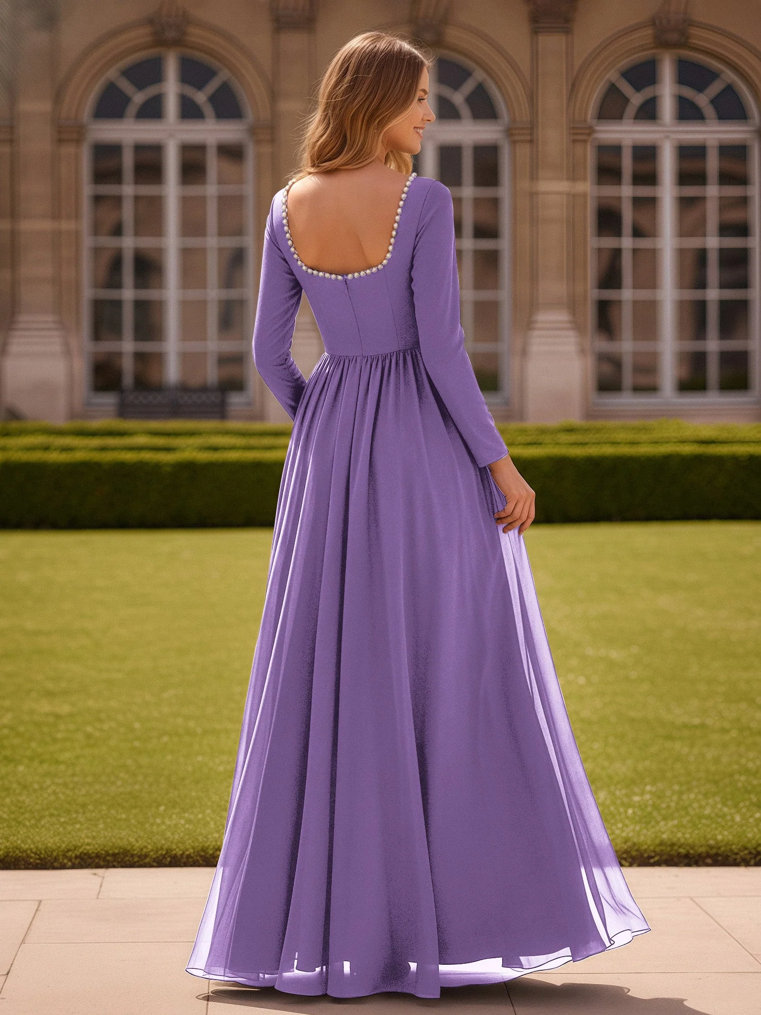 Perlen Quadrat Ausschnitt Langarm Kleid mit Schlitz Tahiti - Image 2