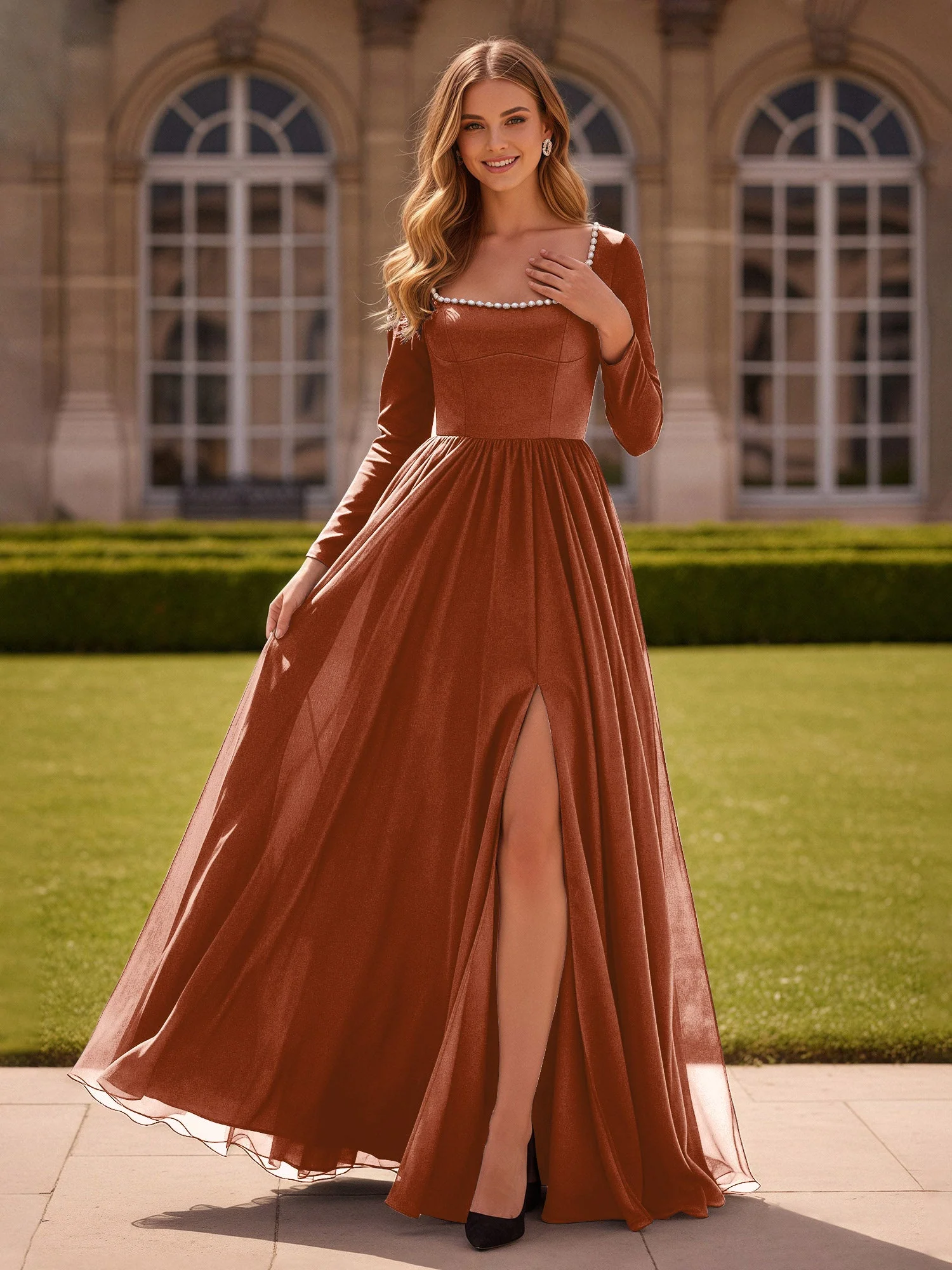 Perlen Quadrat Ausschnitt Langarm Kleid mit Schlitz Terrakotta