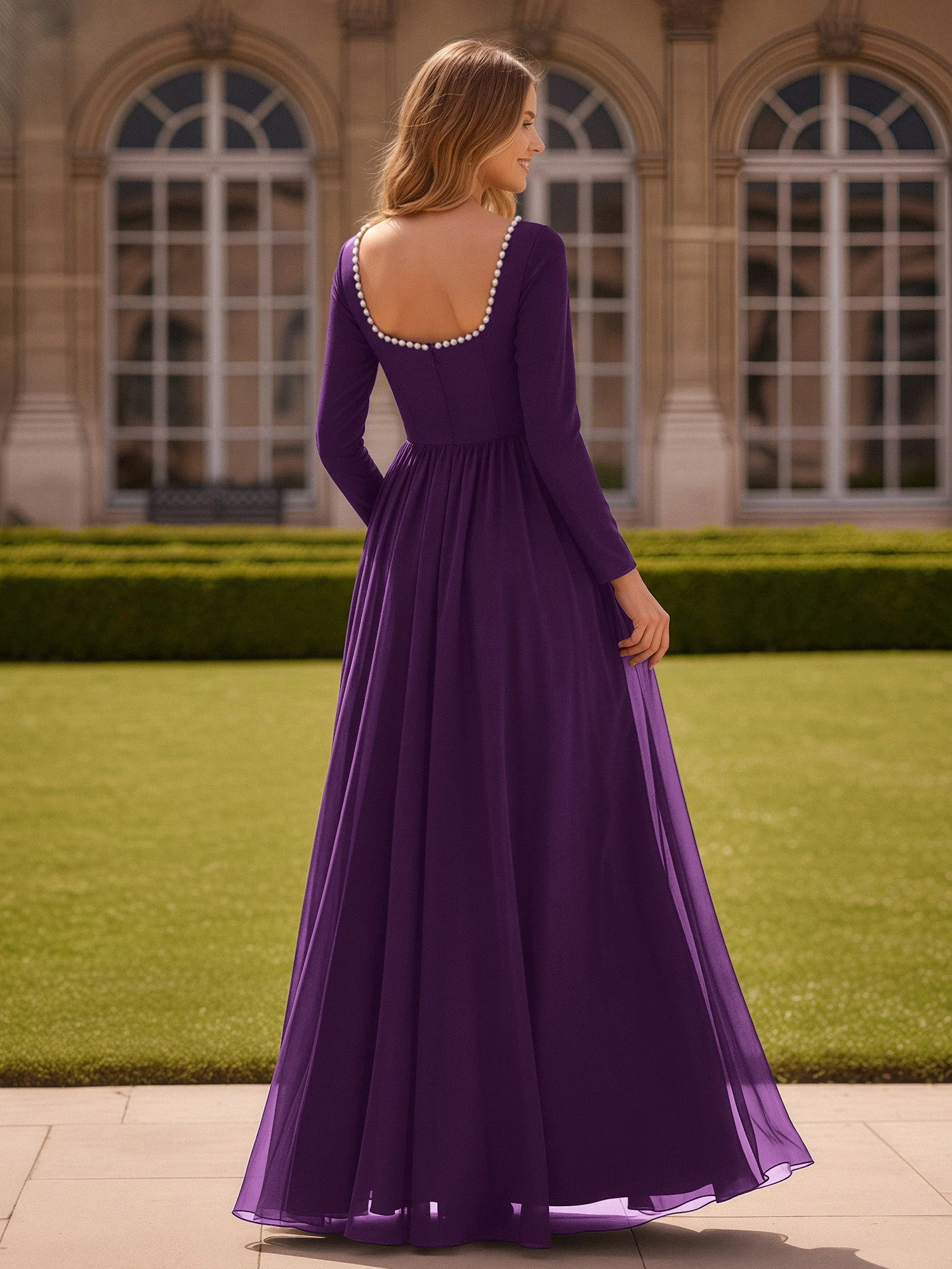 Perlen Quadrat Ausschnitt Langarm Kleid mit Schlitz Traube - Image 2