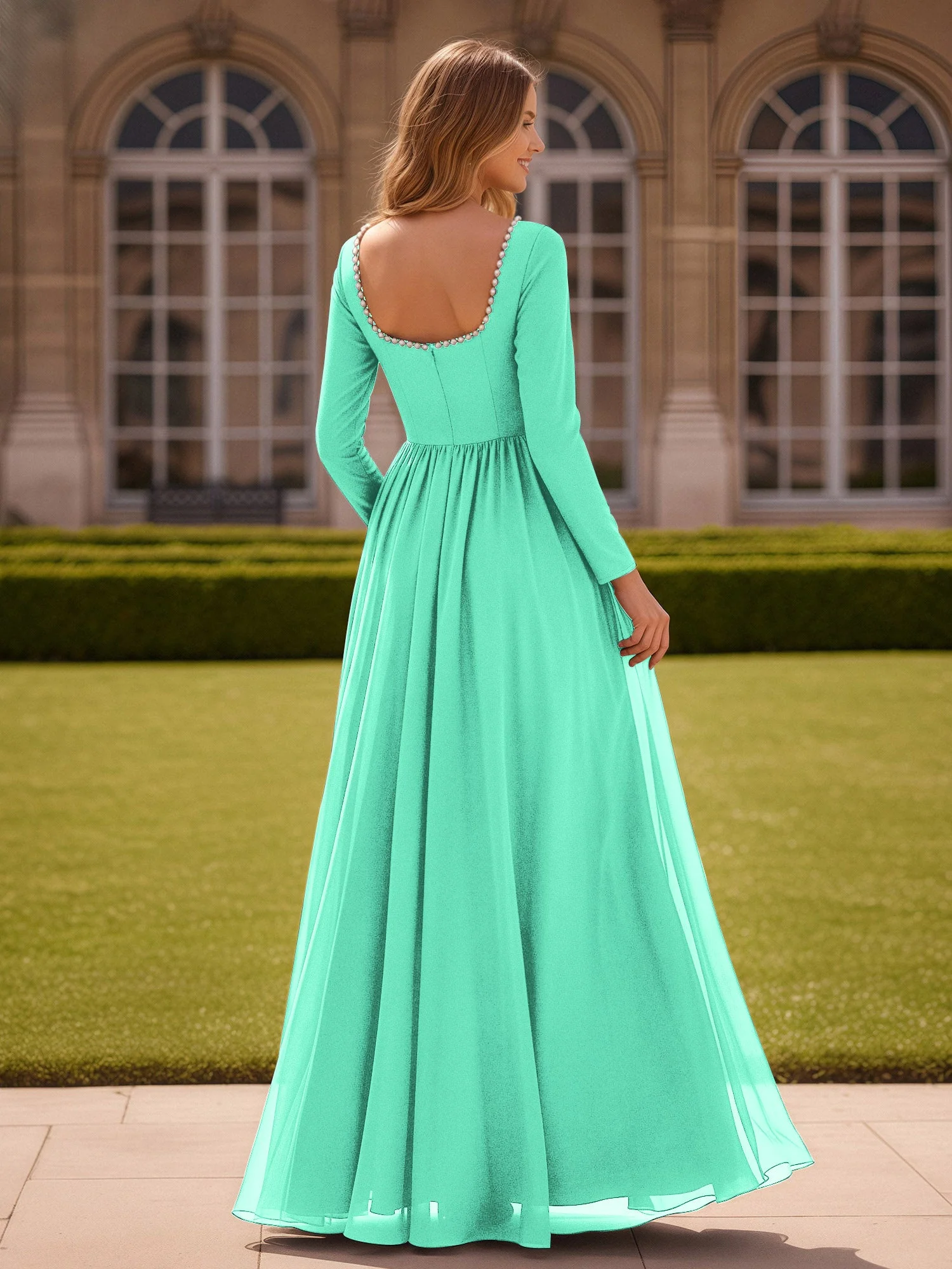 Perlen Quadrat Ausschnitt Langarm Kleid mit Schlitz Türkis - Image 2