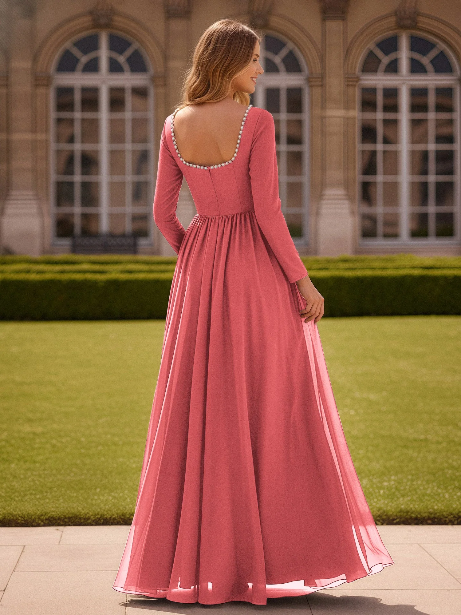 Perlen Quadrat Ausschnitt Langarm Kleid mit Schlitz Wassermelone - Image 2