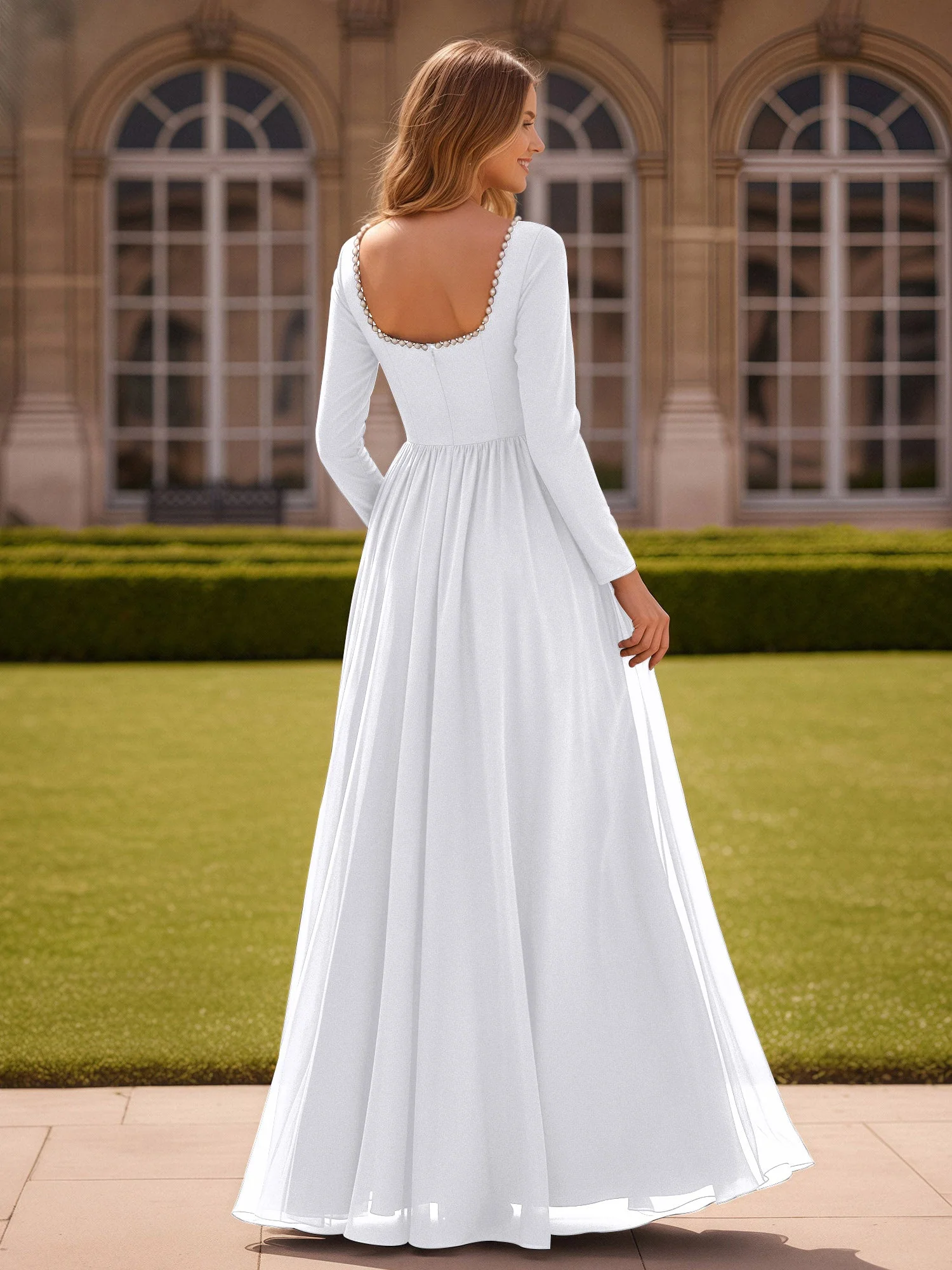 Perlen Quadrat Ausschnitt Langarm Kleid mit Schlitz Weiß - Image 2