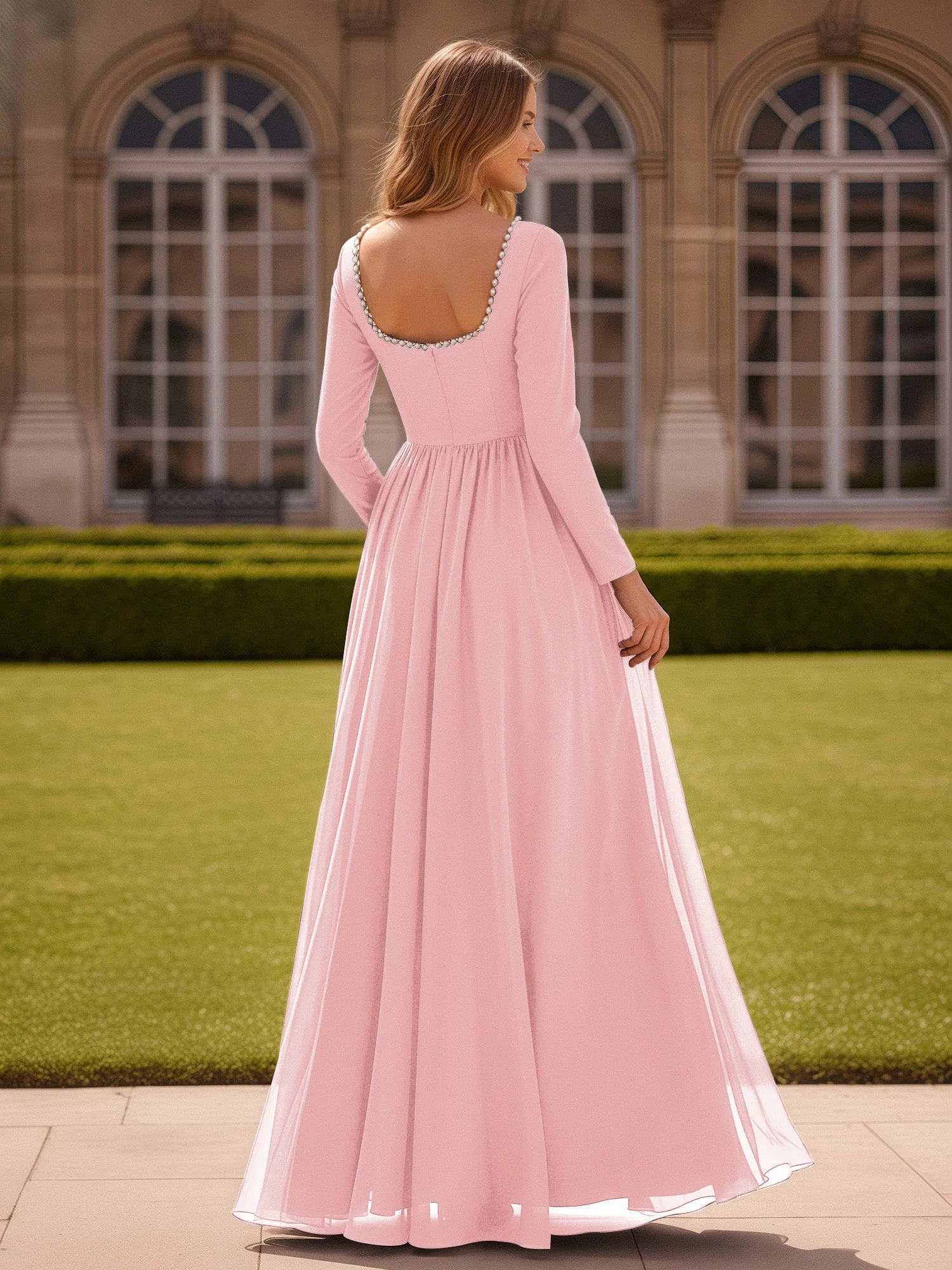 Perlen Quadrat Ausschnitt Langarm Kleid mit Schlitz Zartrosa - Image 2