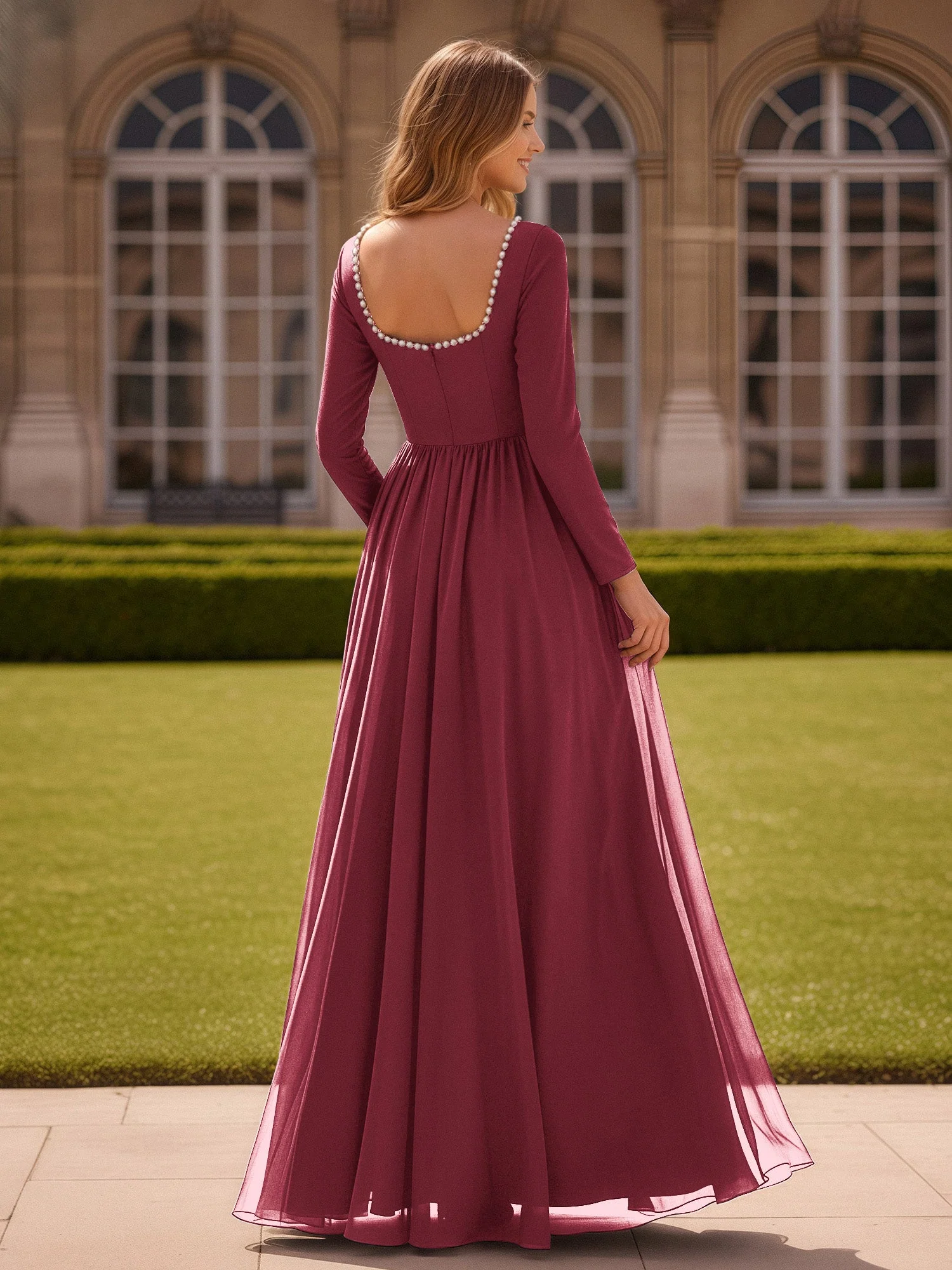 Perlen Quadrat Ausschnitt Langarm Kleid mit Schlitz Zimtrose - Image 2