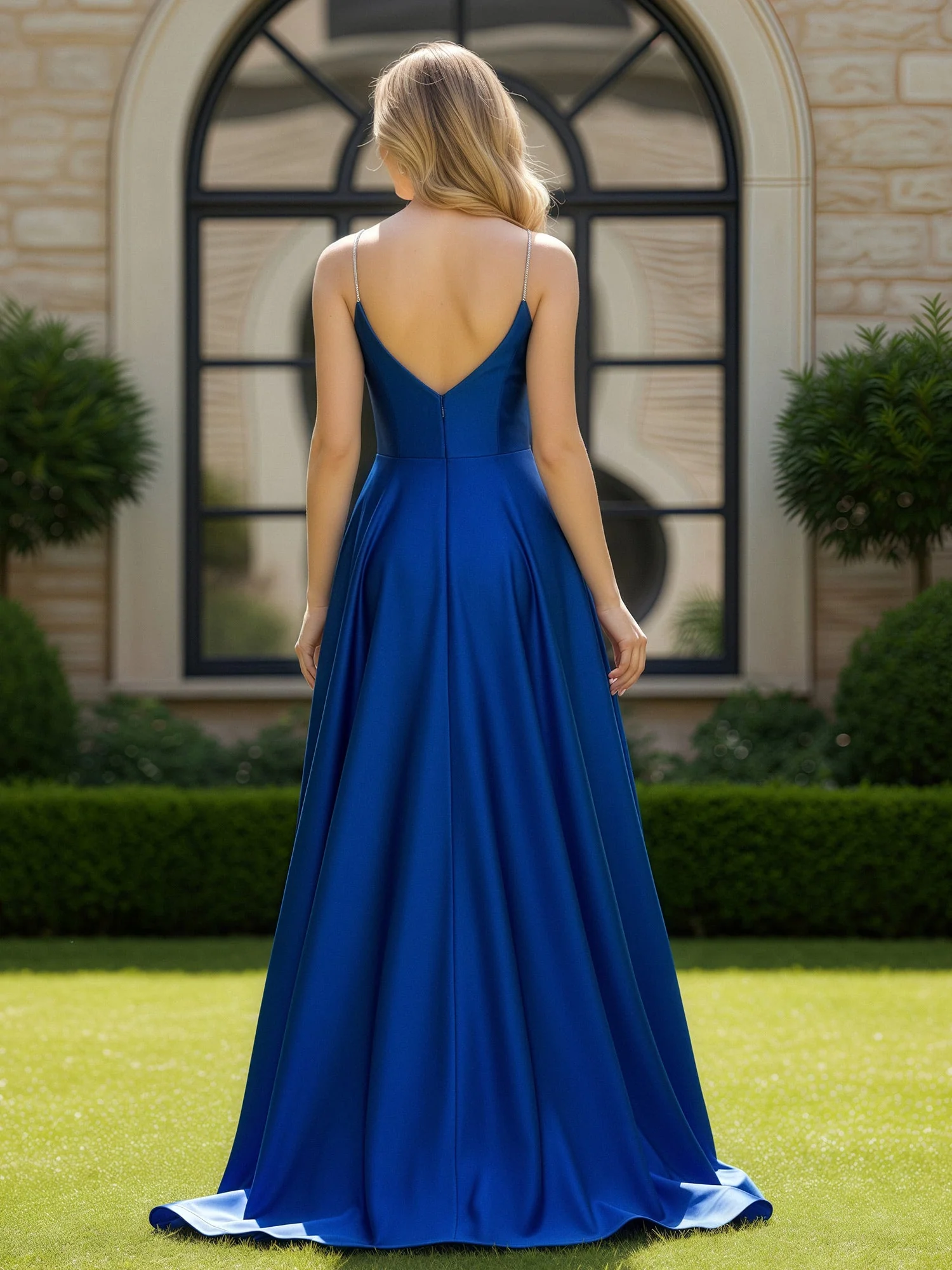 A-Linie Spaghettiträger V-Ausschnitt Schleppe Kleid Königsblau - Image 2