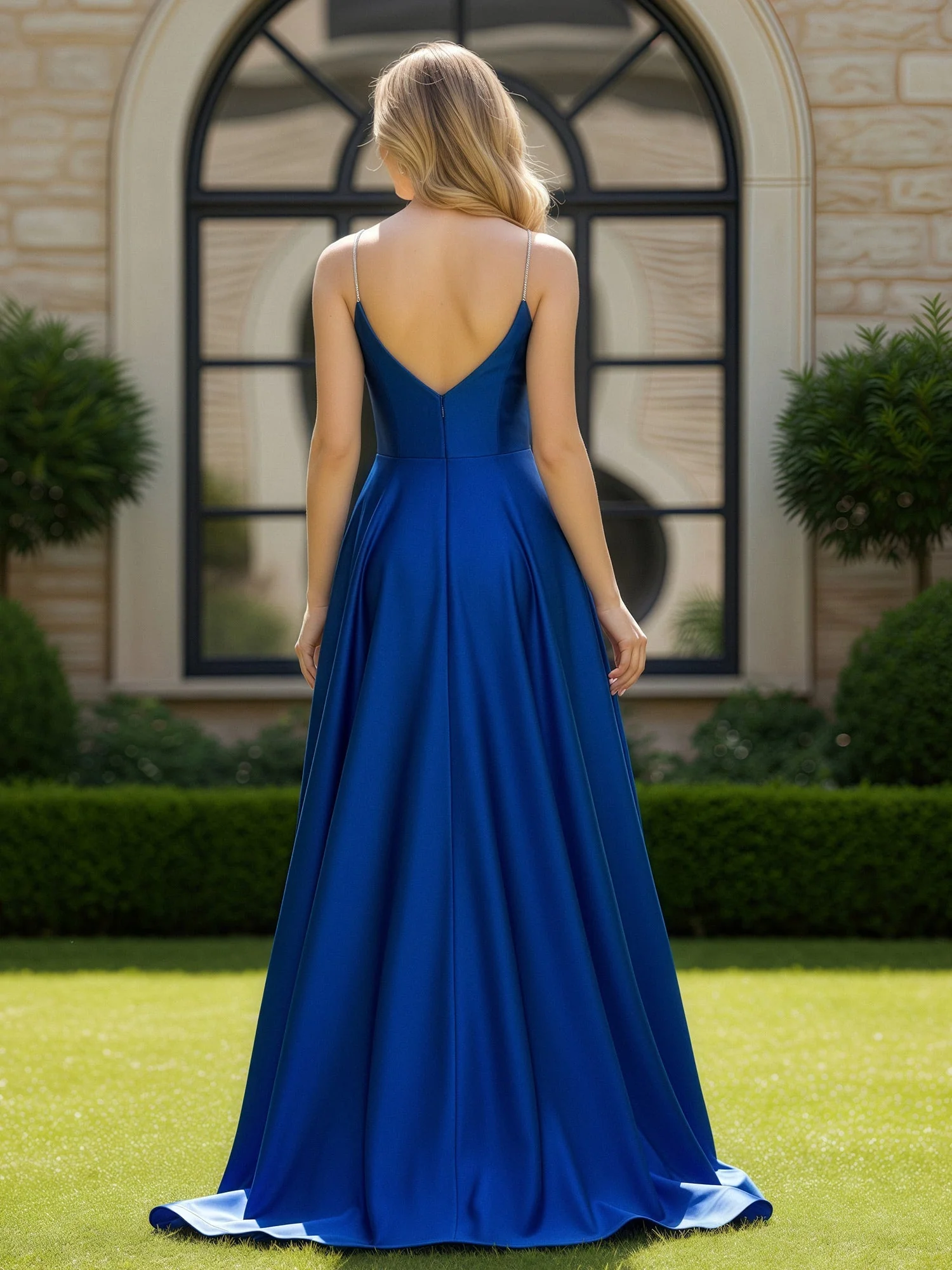 A-Linie Spaghettiträger V-Ausschnitt Schleppe Kleid Rot - Image 2