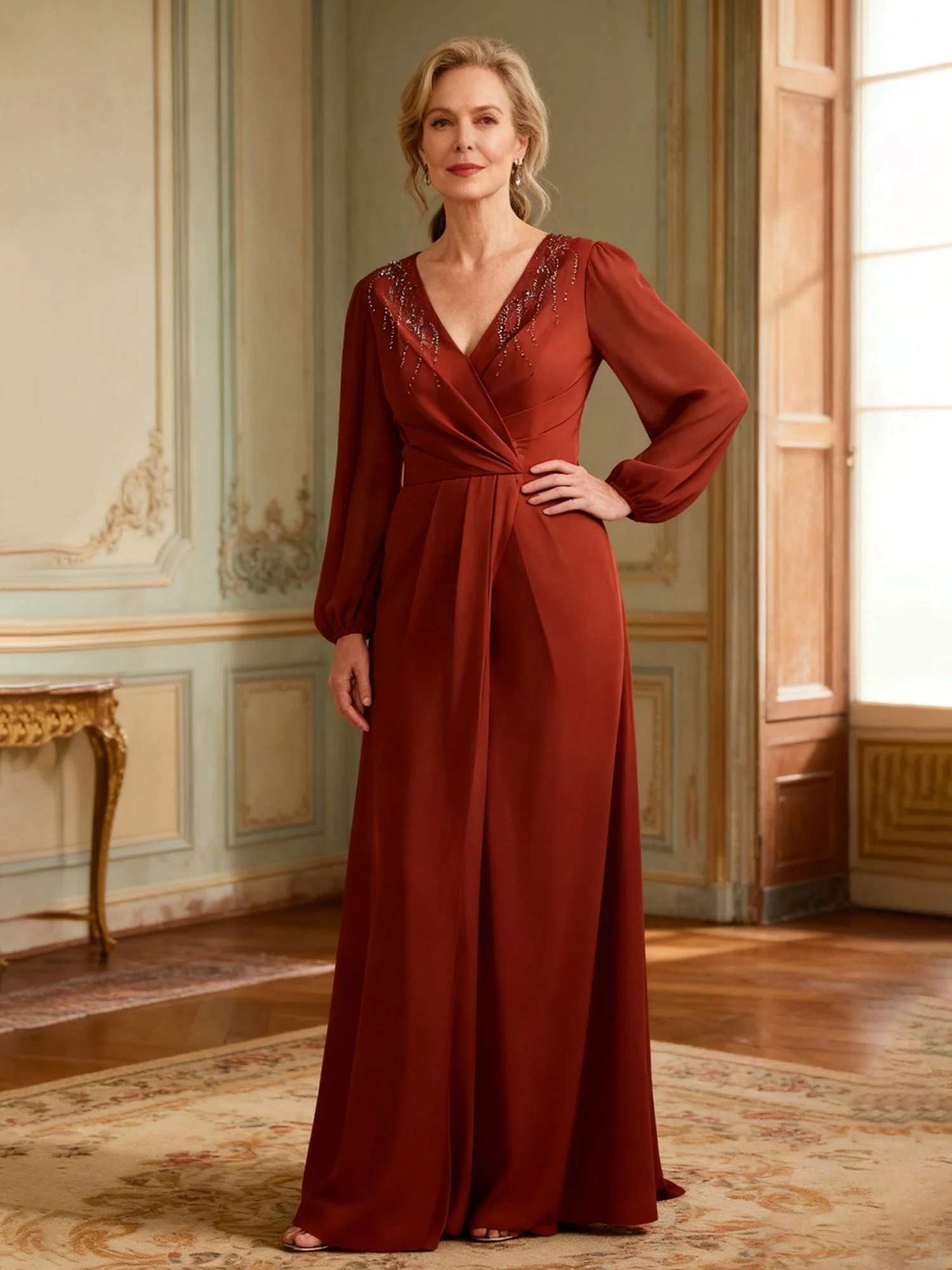 Wrap Vorne Perlen Langarm Formell Kleid Pfirsich