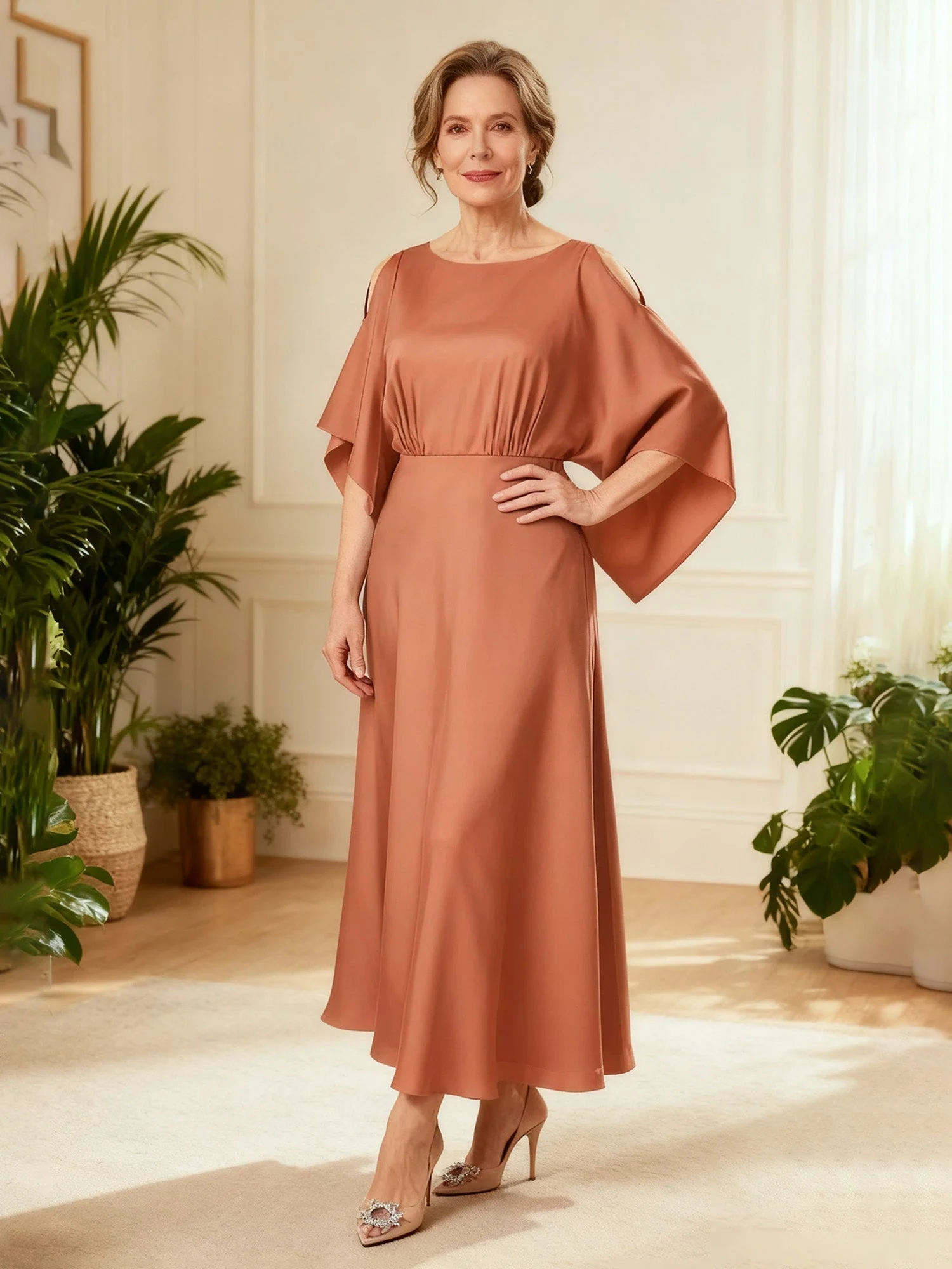 Versammelt Taille Boot Ausschnitt Spezial Kleid Pfirsich