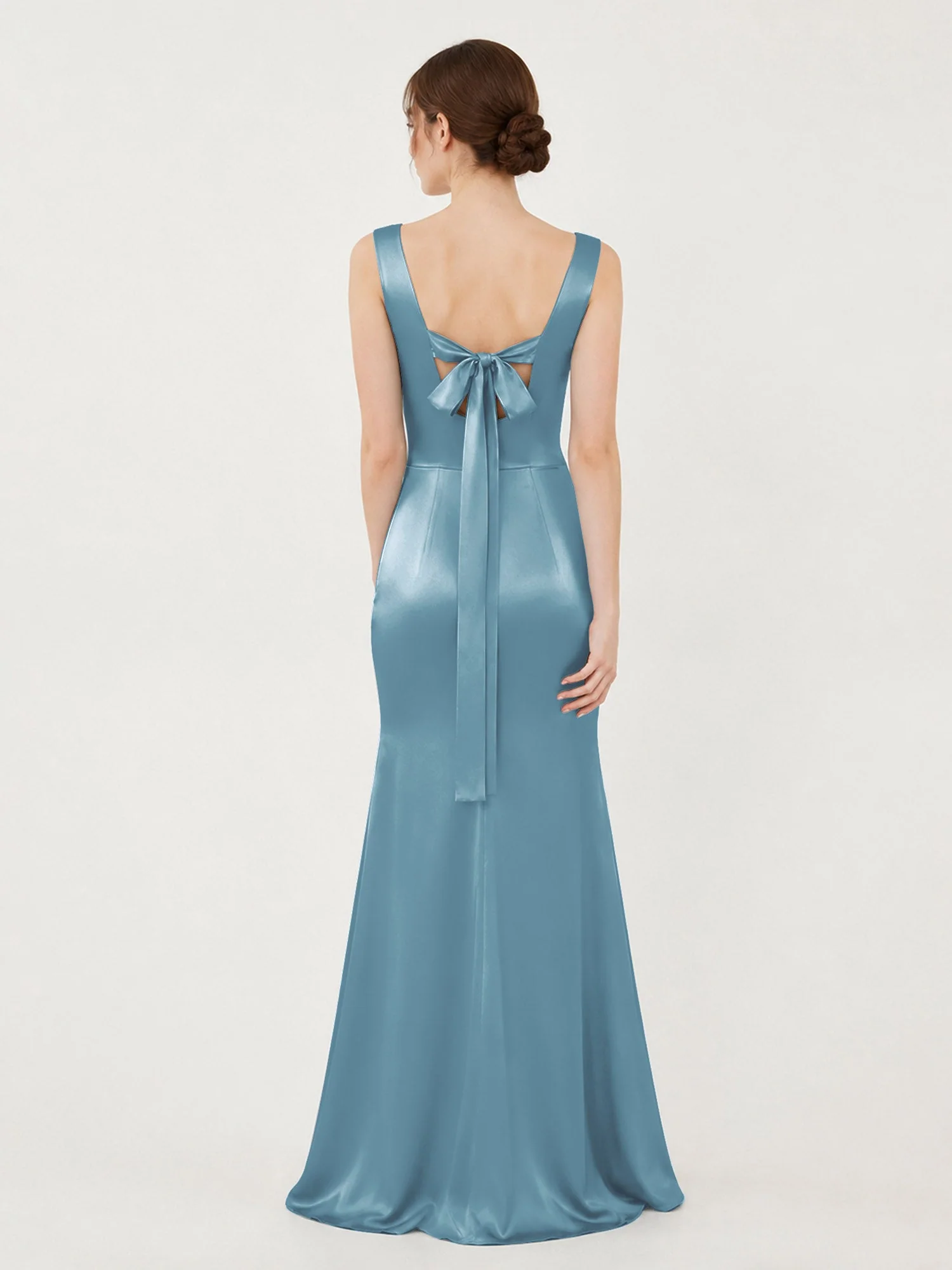Satin Meerjungfrau Kleid mit Rückenschleife Schiefer Blau - Image 2