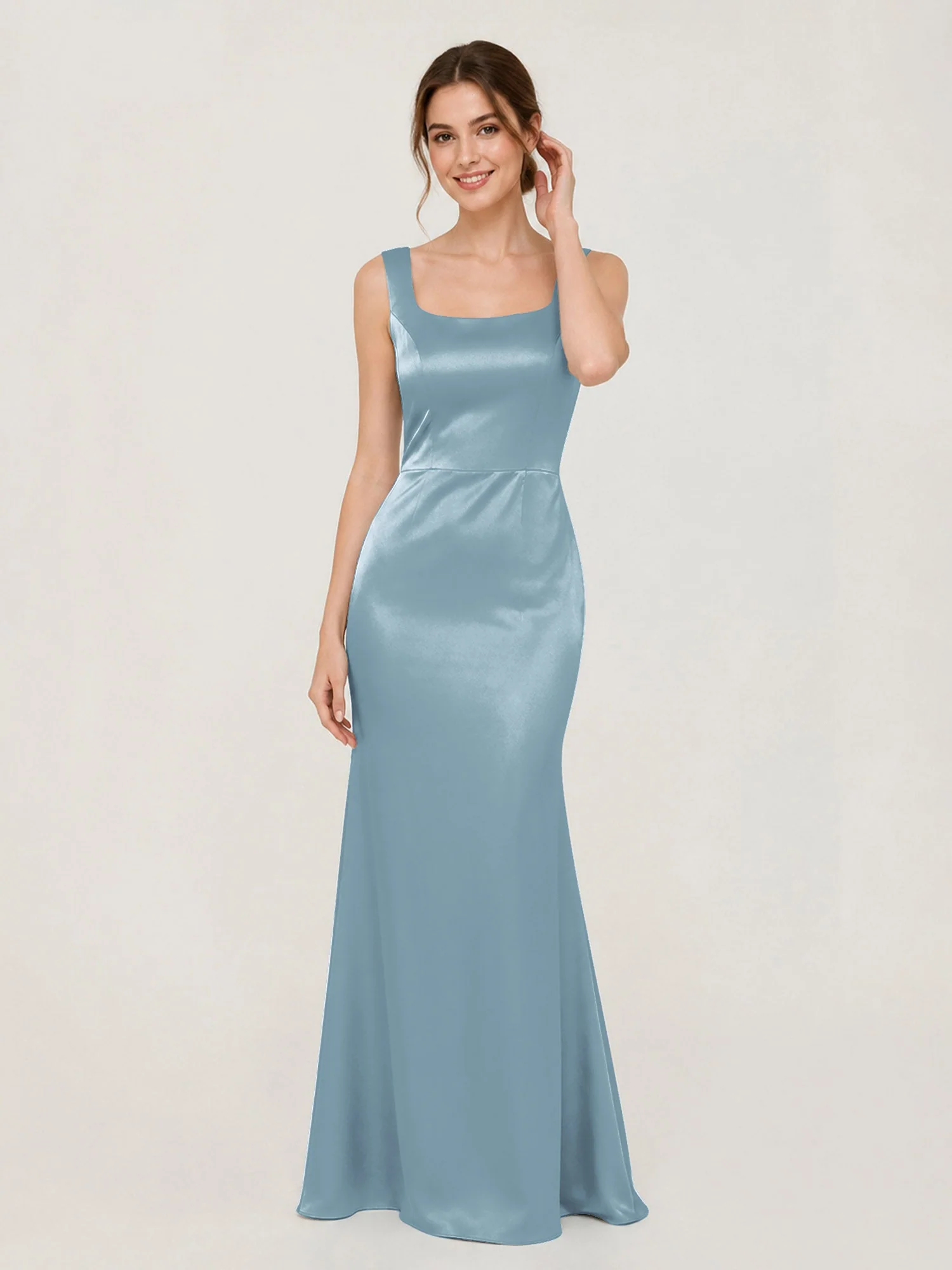 Satin Meerjungfrau Kleid mit Rückenschleife Staubiges Blau