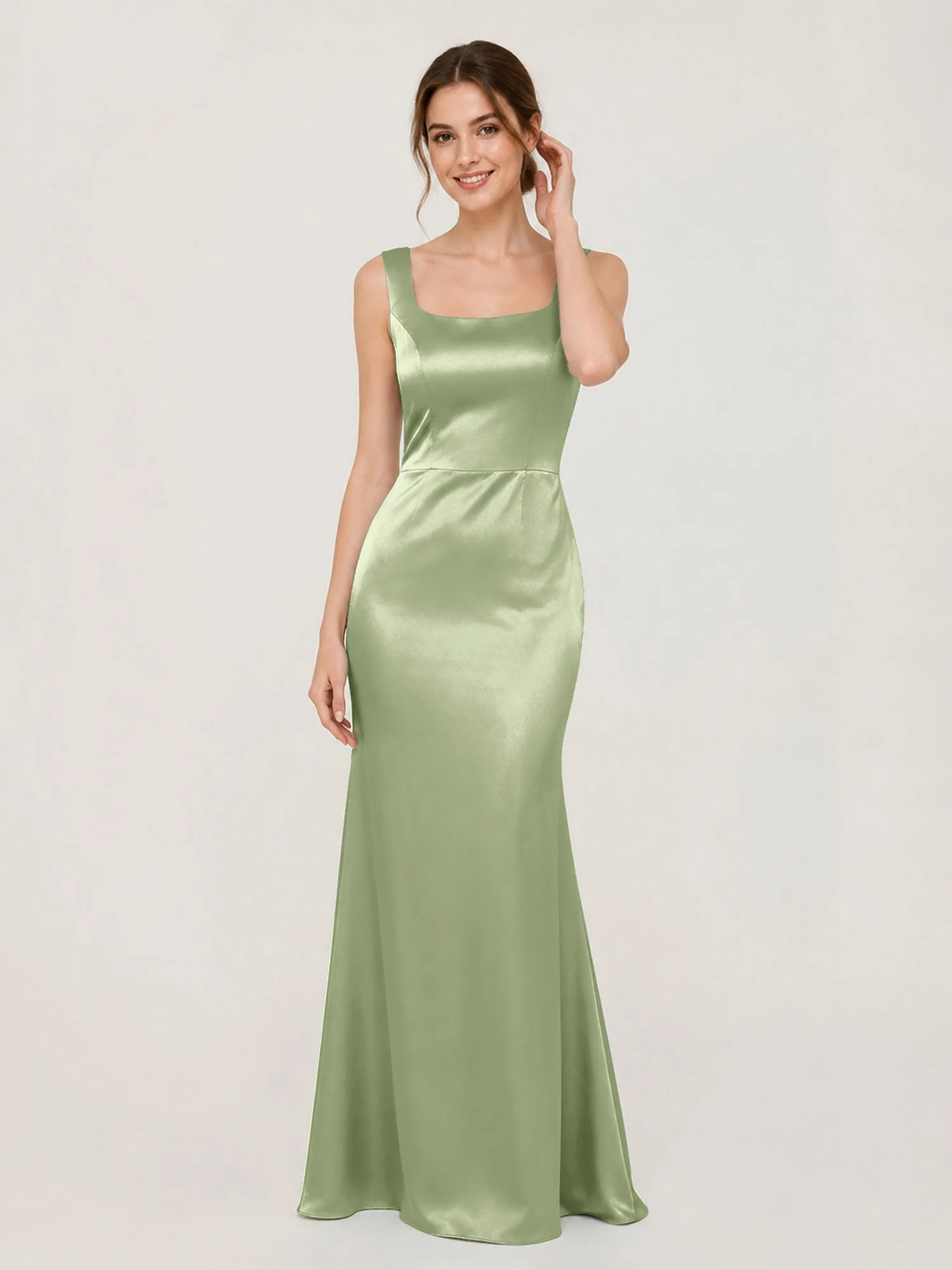Satin Meerjungfrau Kleid mit Rückenschleife Staubiges Salbei