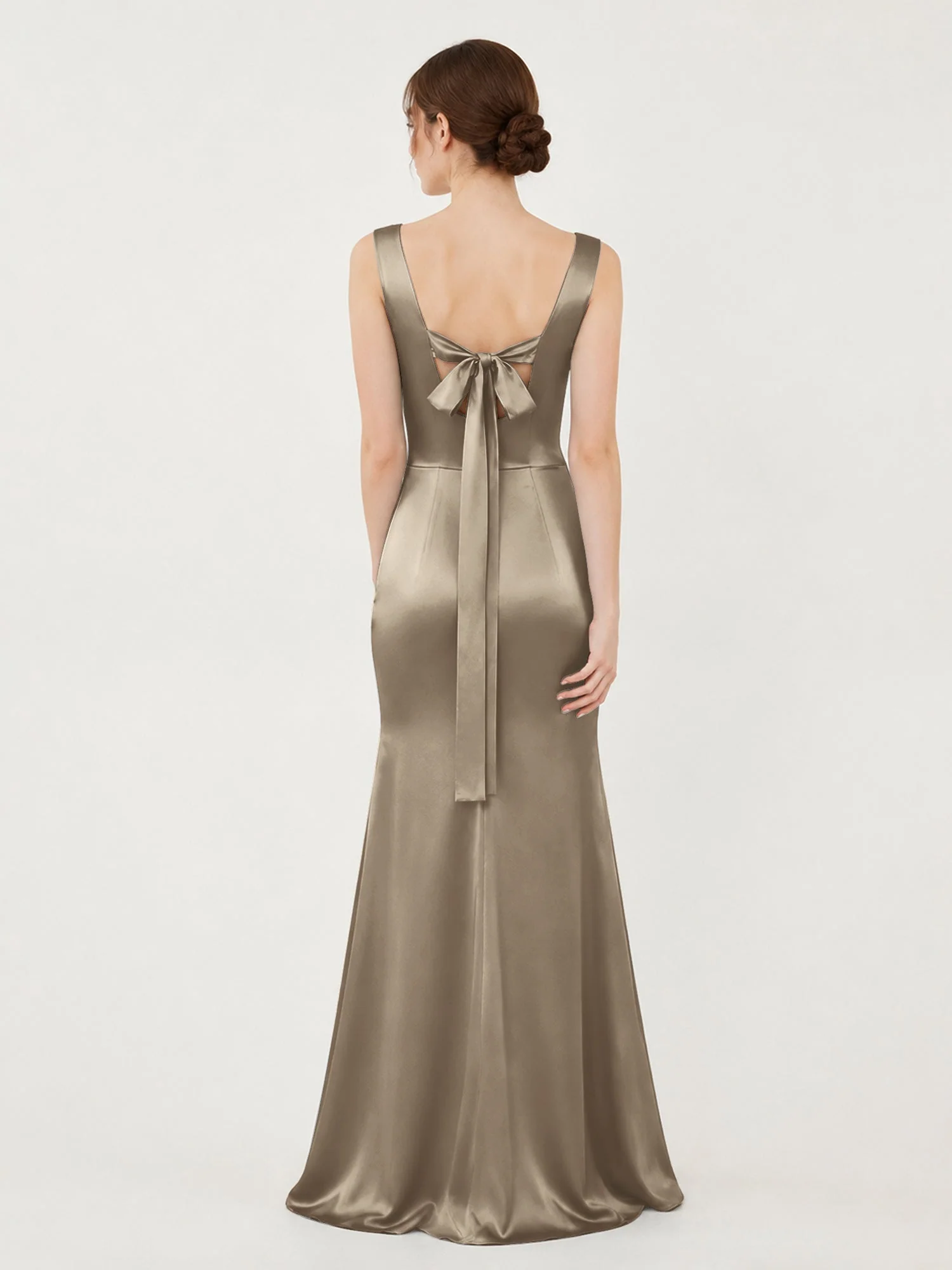 Satin Meerjungfrau Kleid mit Rückenschleife Taupe - Image 2