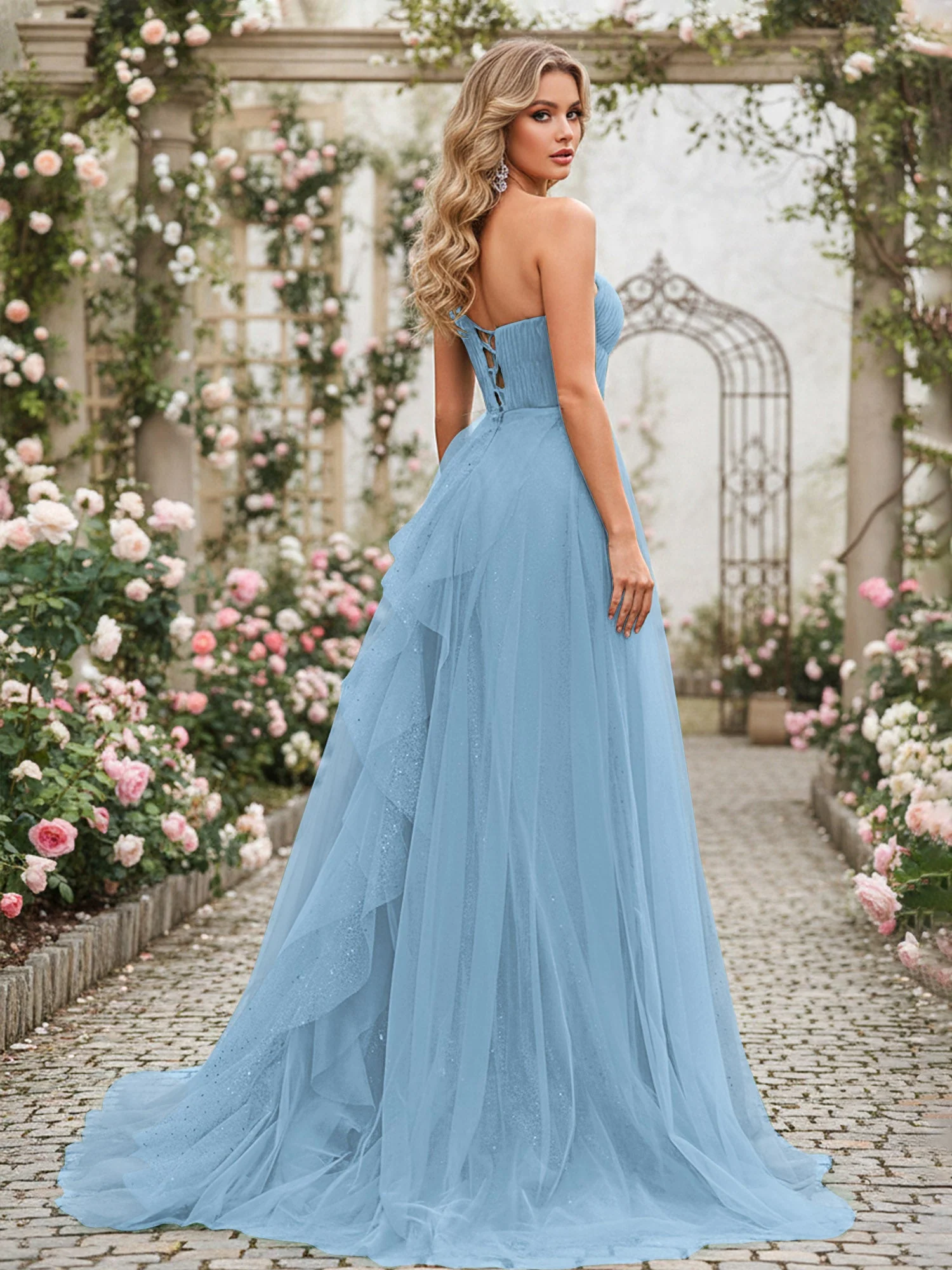 Glänzend Tüll A-Linie Kleid mit kaskadierenden Rüschen Blau - Image 2