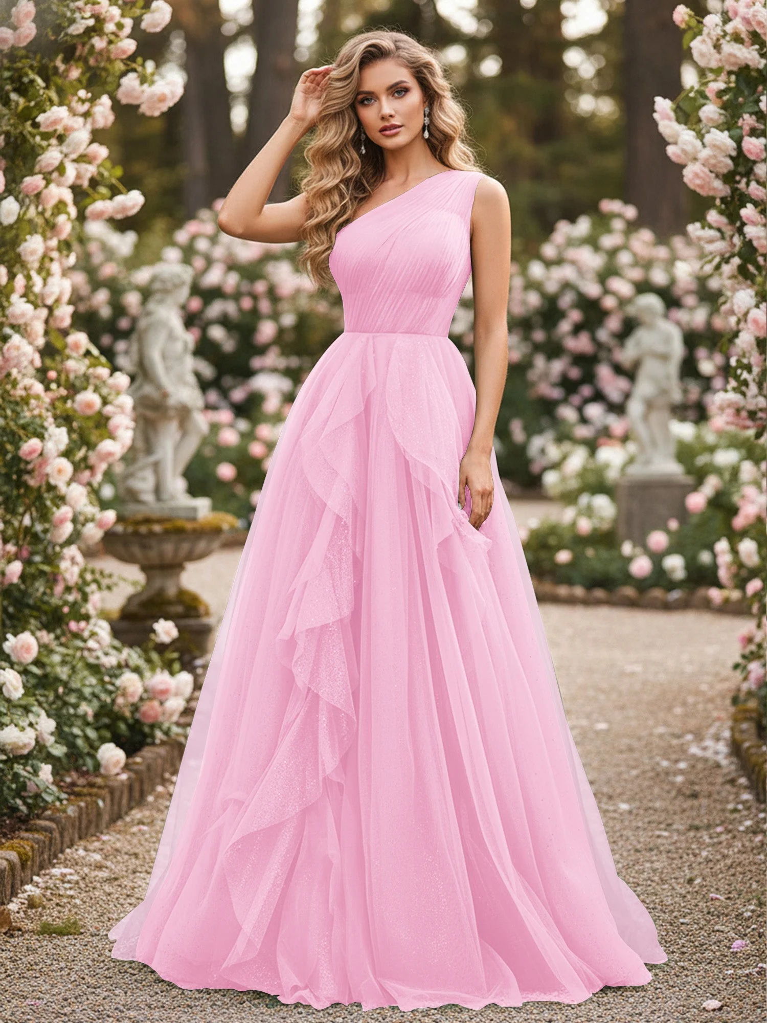 Glänzend Tüll A-Linie Kleid mit kaskadierenden Rüschen Bonbonrosa