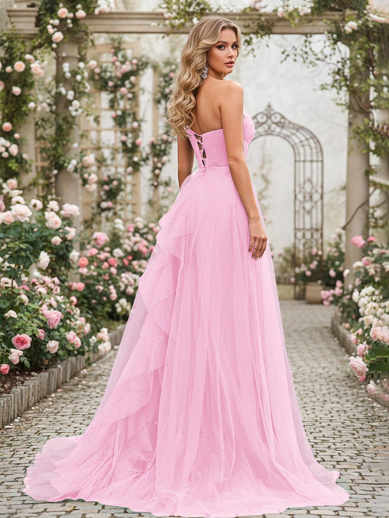Glänzend Tüll A-Linie Kleid mit kaskadierenden Rüschen Bonbonrosa - Image 2