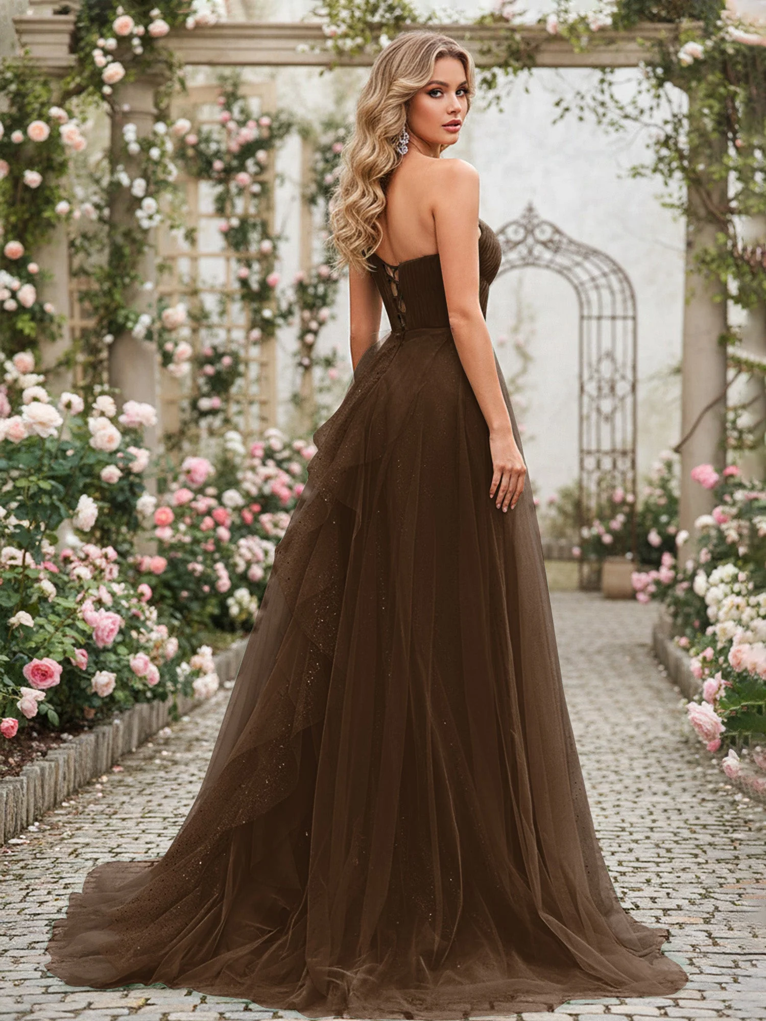 Glänzend Tüll A-Linie Kleid mit kaskadierenden Rüschen Braun - Image 2