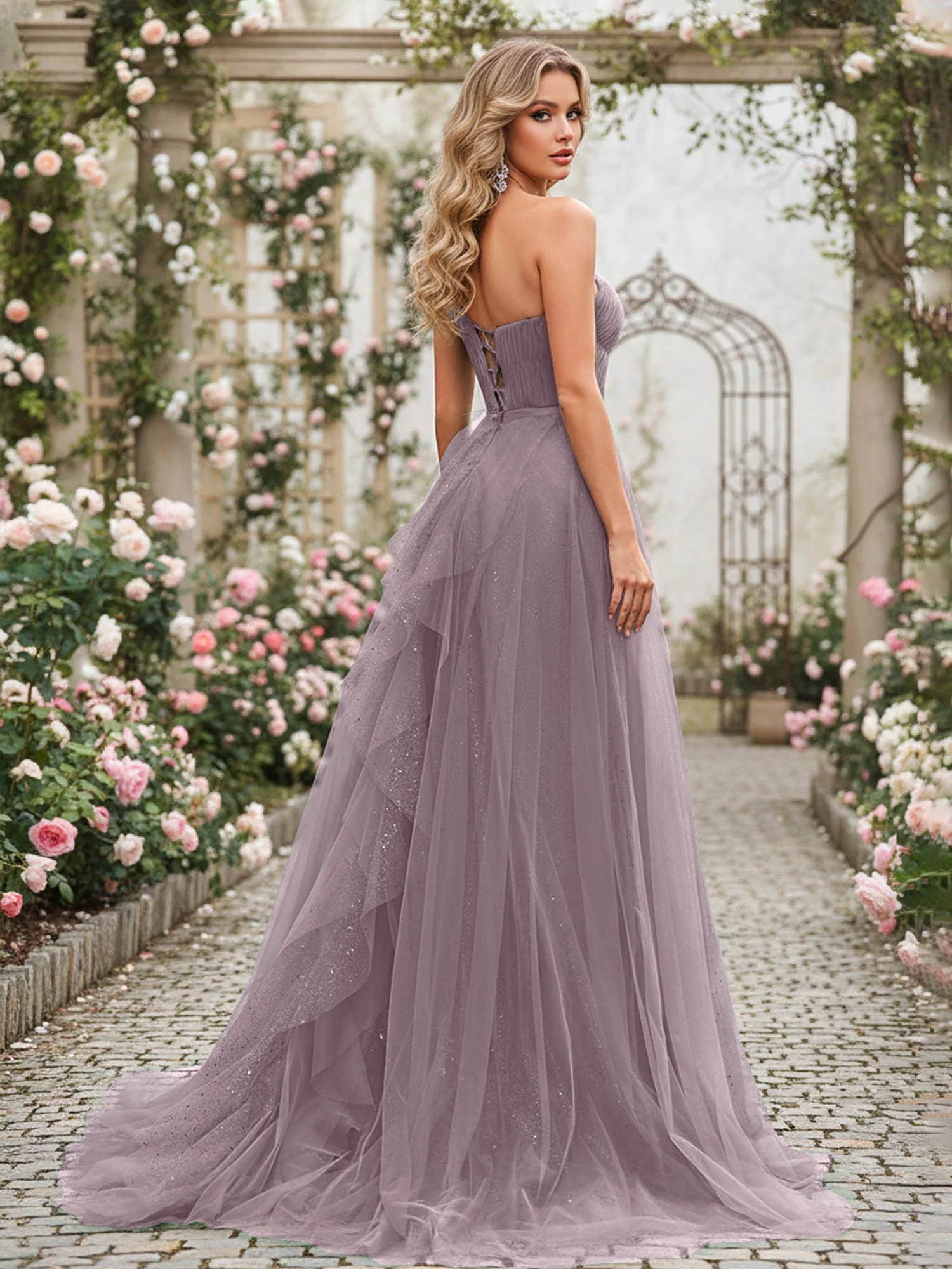 Glänzend Tüll A-Linie Kleid mit kaskadierenden Rüschen Dämmerung - Image 2