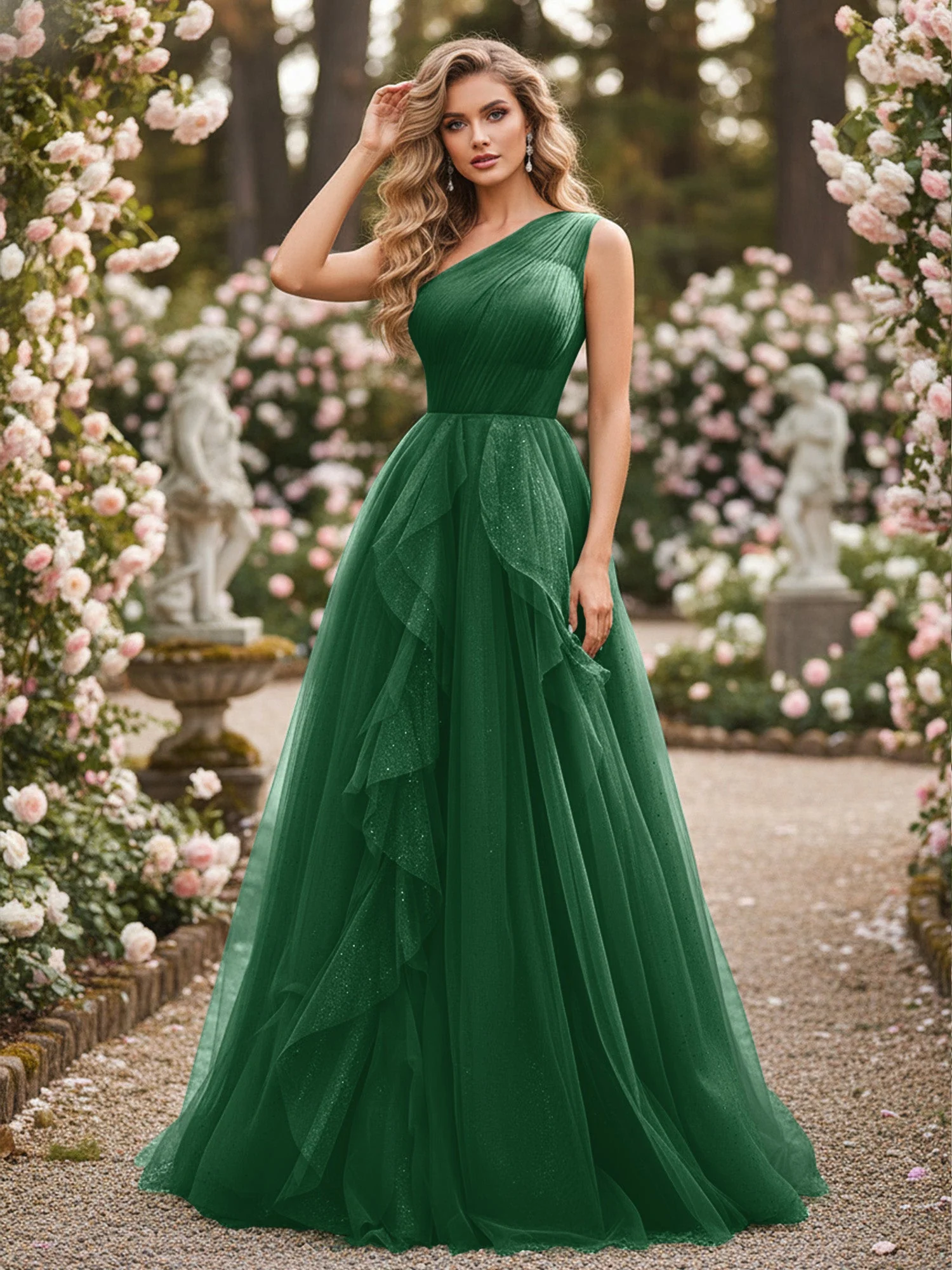 Glänzend Tüll A-Linie Kleid mit kaskadierenden Rüschen Dunkelgrün