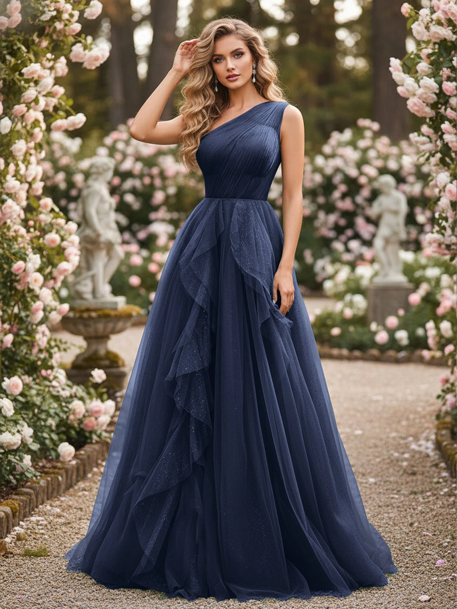 Glänzend Tüll A-Linie Kleid mit kaskadierenden Rüschen Dunkelmarine