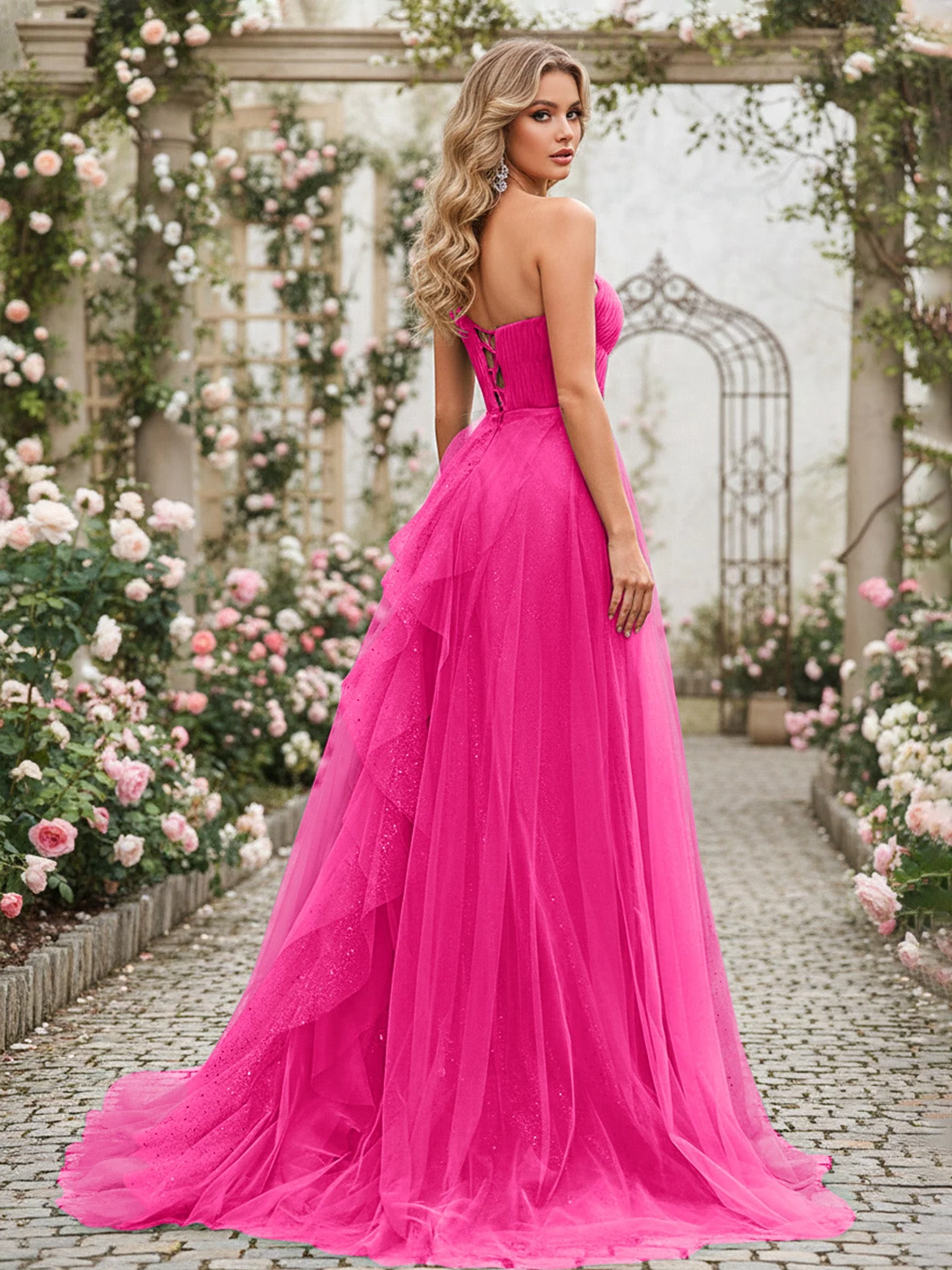 Glänzend Tüll A-Linie Kleid mit kaskadierenden Rüschen Fuchsia - Image 2