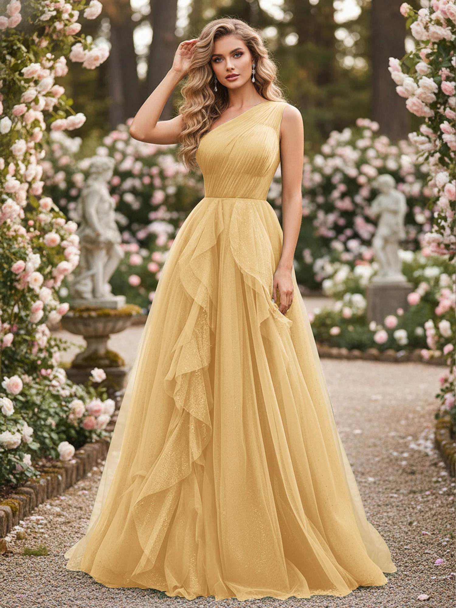 Glänzend Tüll A-Linie Kleid mit kaskadierenden Rüschen Gold